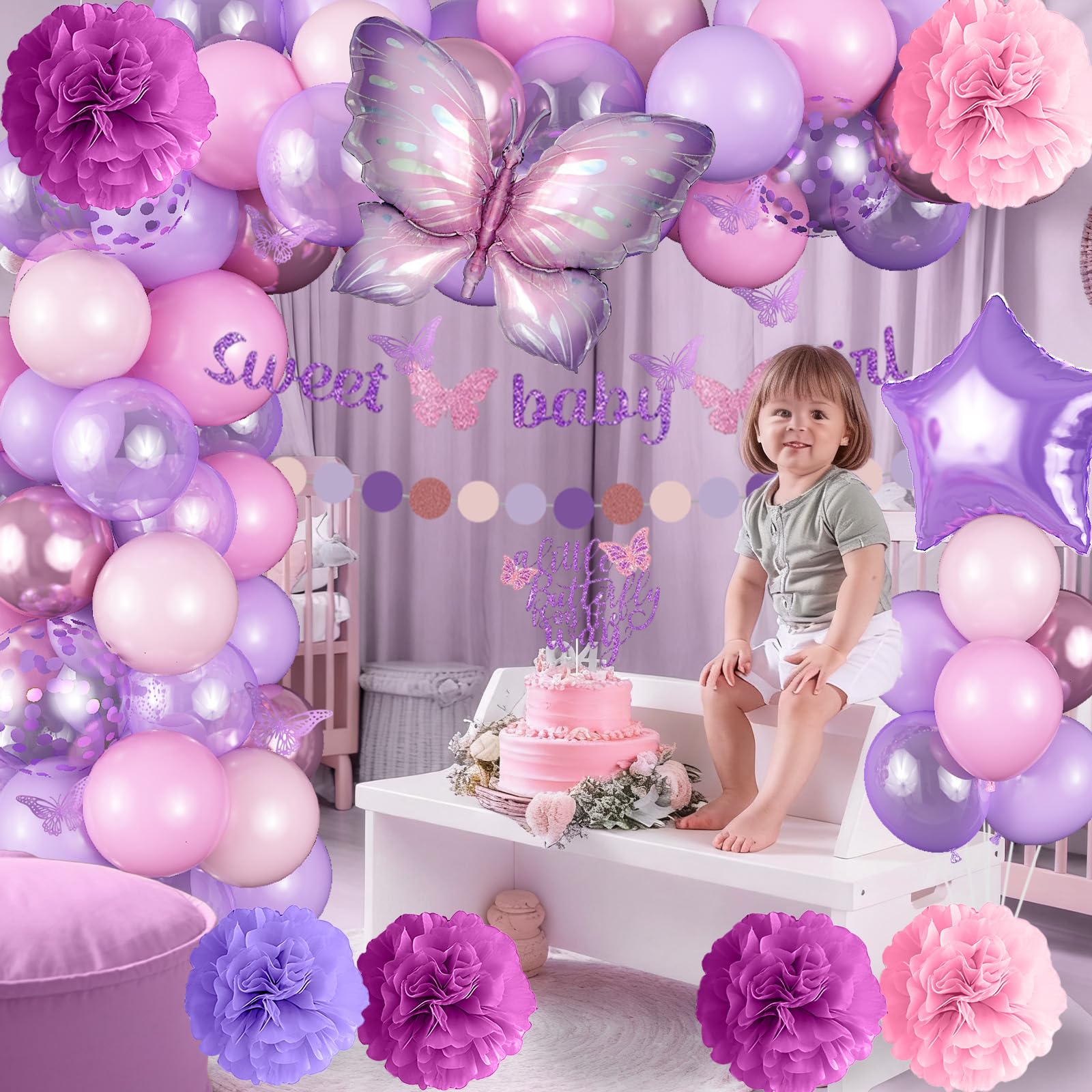Butterfly Baby Shower Decorations for Girl Sweet Baby Girl Banner with Pearl Pastel Purple Light Pink Latex Foil Balloons Cake Topper Pom Poms for A Little Butterfly Is On The Way Decoration Supplies - Image 4