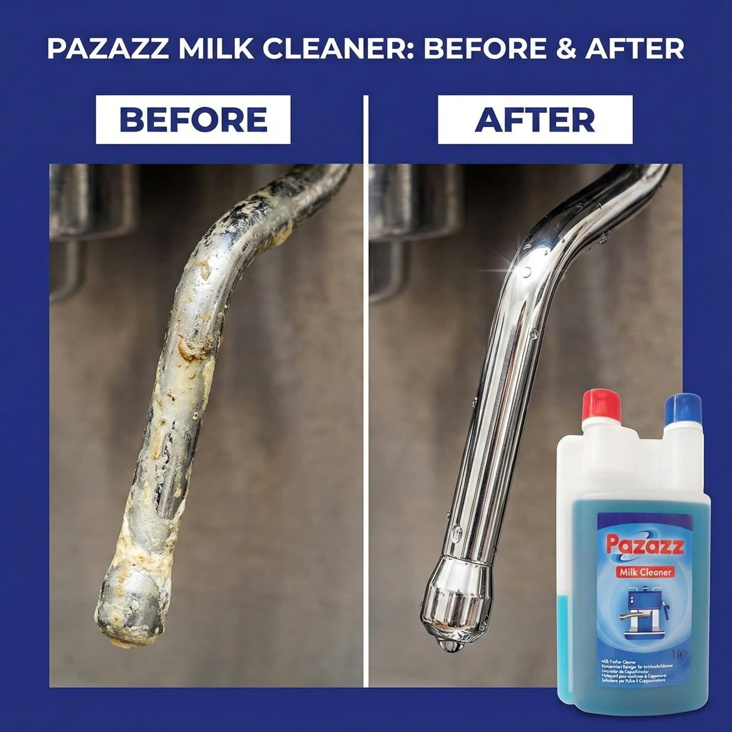 PAZAZZ Detergente per Montalatte – Liquido per Macchine da Caffè ed Espresso – Rimuove i Residui di Latte – Uso Domestico e Professionale – 1000ml – Confezione da 12