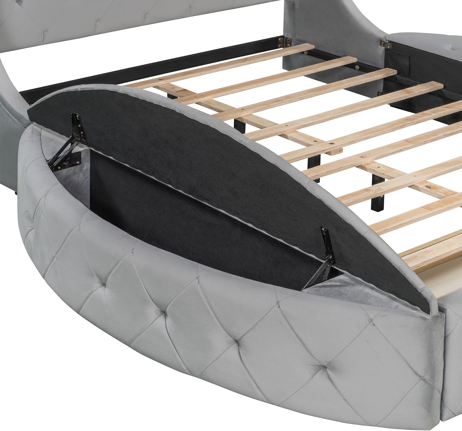 LUMISOL Queen Bed Frame with Wingback Headboard, Velvet Bed Frame with Drawer and 2 Storage Stools, Grey