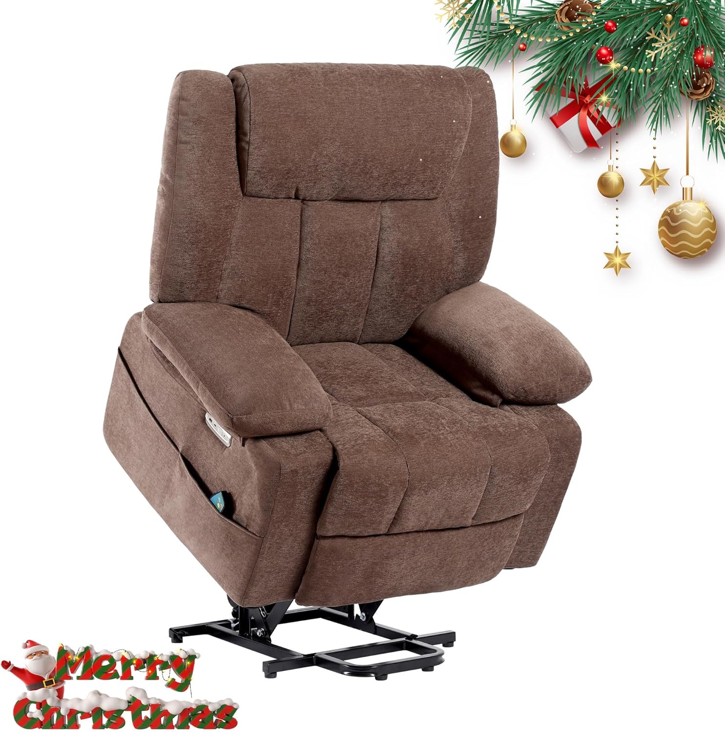 EDWELL Electric Power Lift Recliner Chair for Elderly, Ergonomic Massage Recliner with Heated, Modern Single Lounge Sofa for Living Room with Side Pocket, USB and USB-C Ports, Chenille Brown