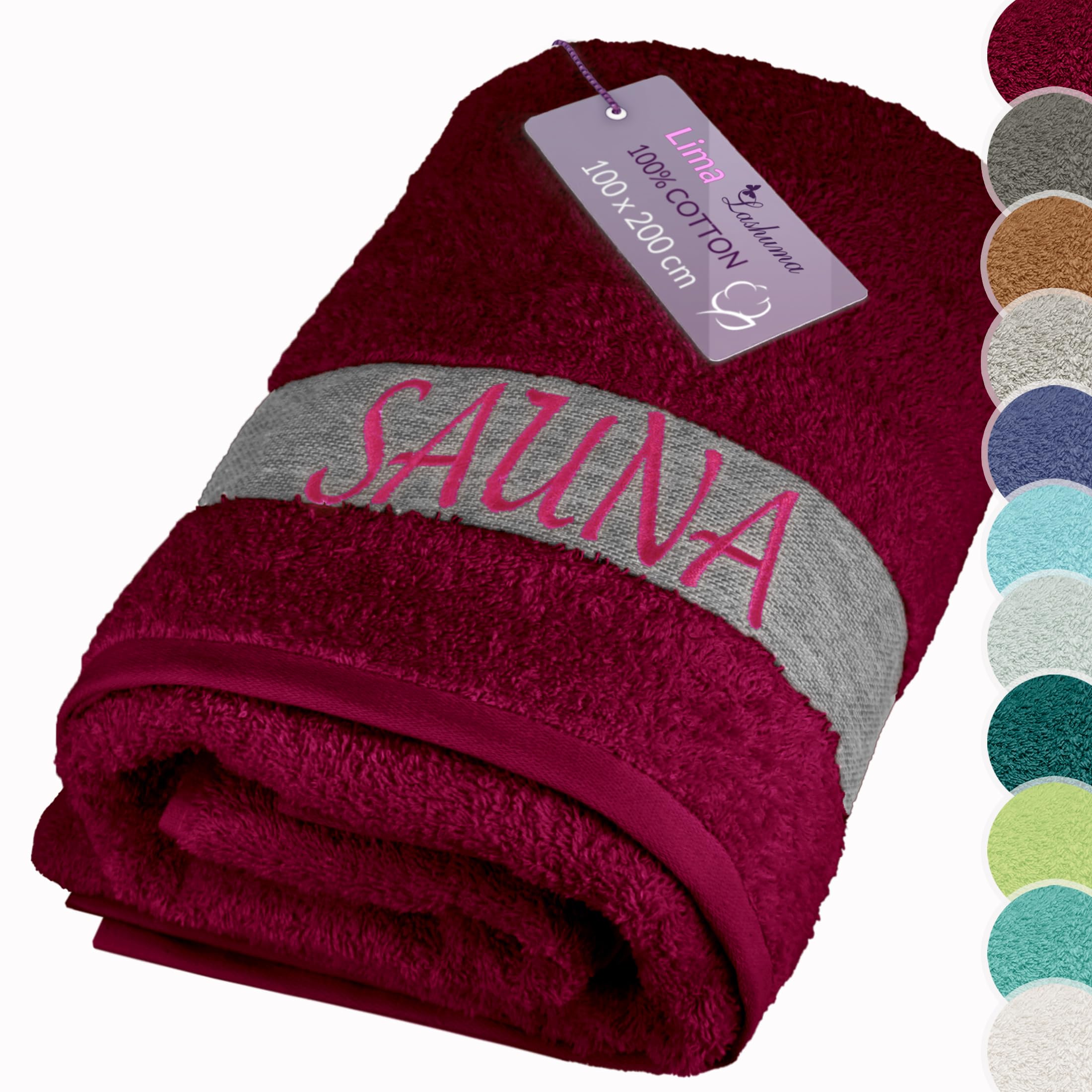 Wellness Asciugamano da Sauna Telo Sauna Uni con Ricamo Sauna 70 x 200 cm, Colore: Orchidea - Rosa Lilla, 100% Cotone