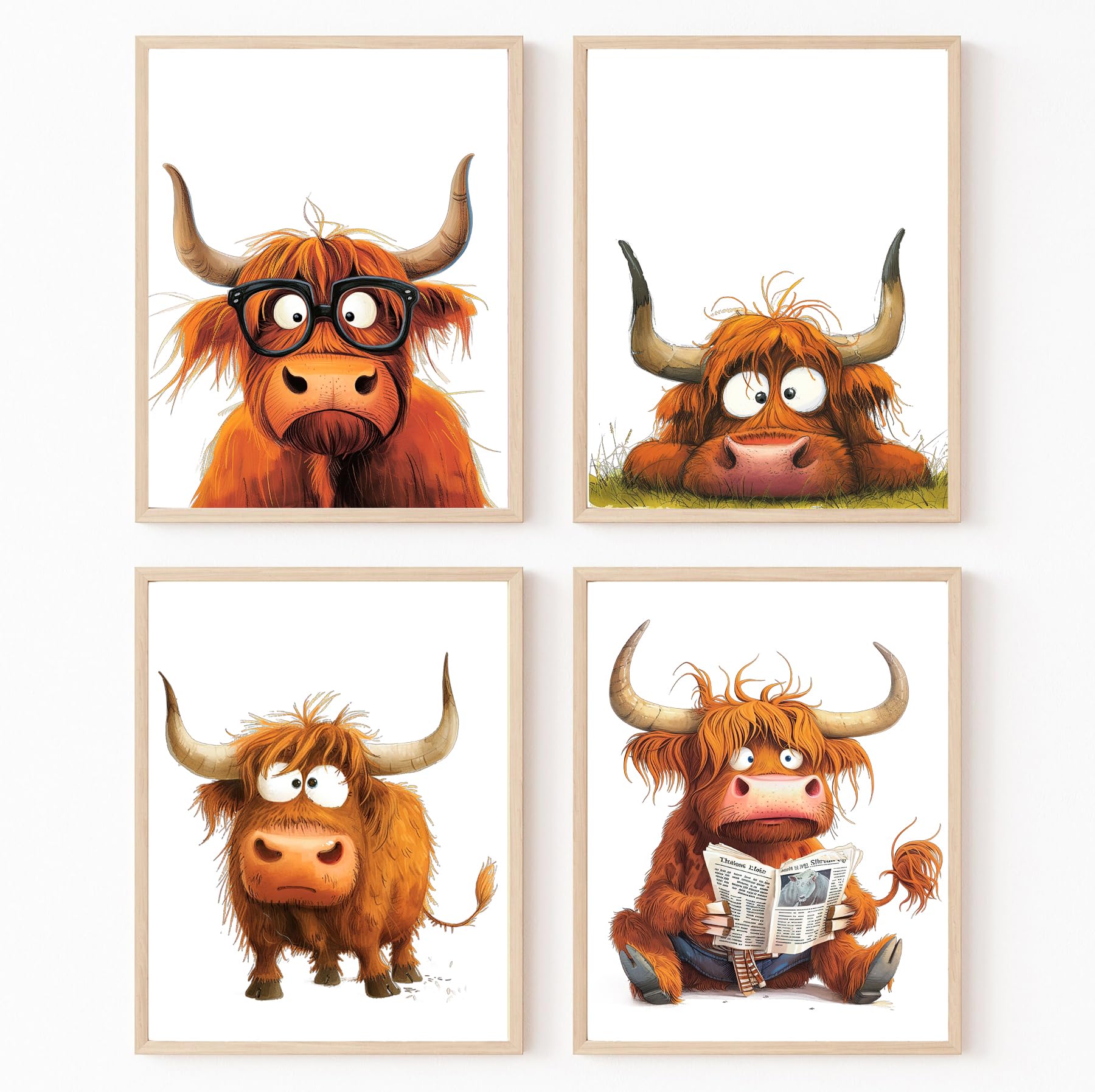 Hodge Creations Funny Highland Cows Set of 4 Unframed A5 Prints Wall Art Decor Picture New Gift Present SELECT SIZE BELOW A5 A4 A3