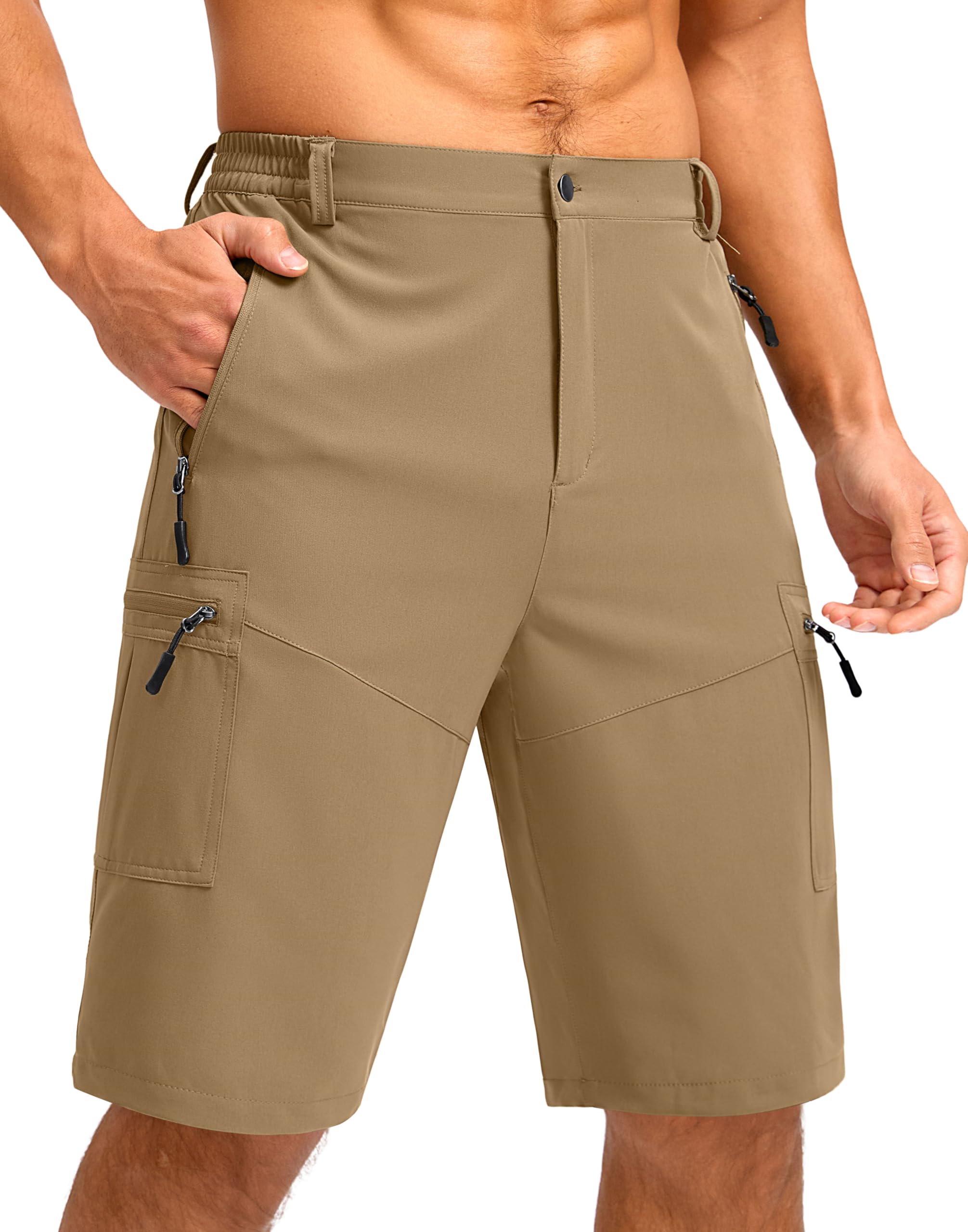 Pudolla Men's Hiking Cargo Shorts 9"/7"/11" Lightweight Outdoor Shorts for Men Trip Golf Camping Casual with 5 Zipper Pockets 11" Inseam Large Dark Khaki