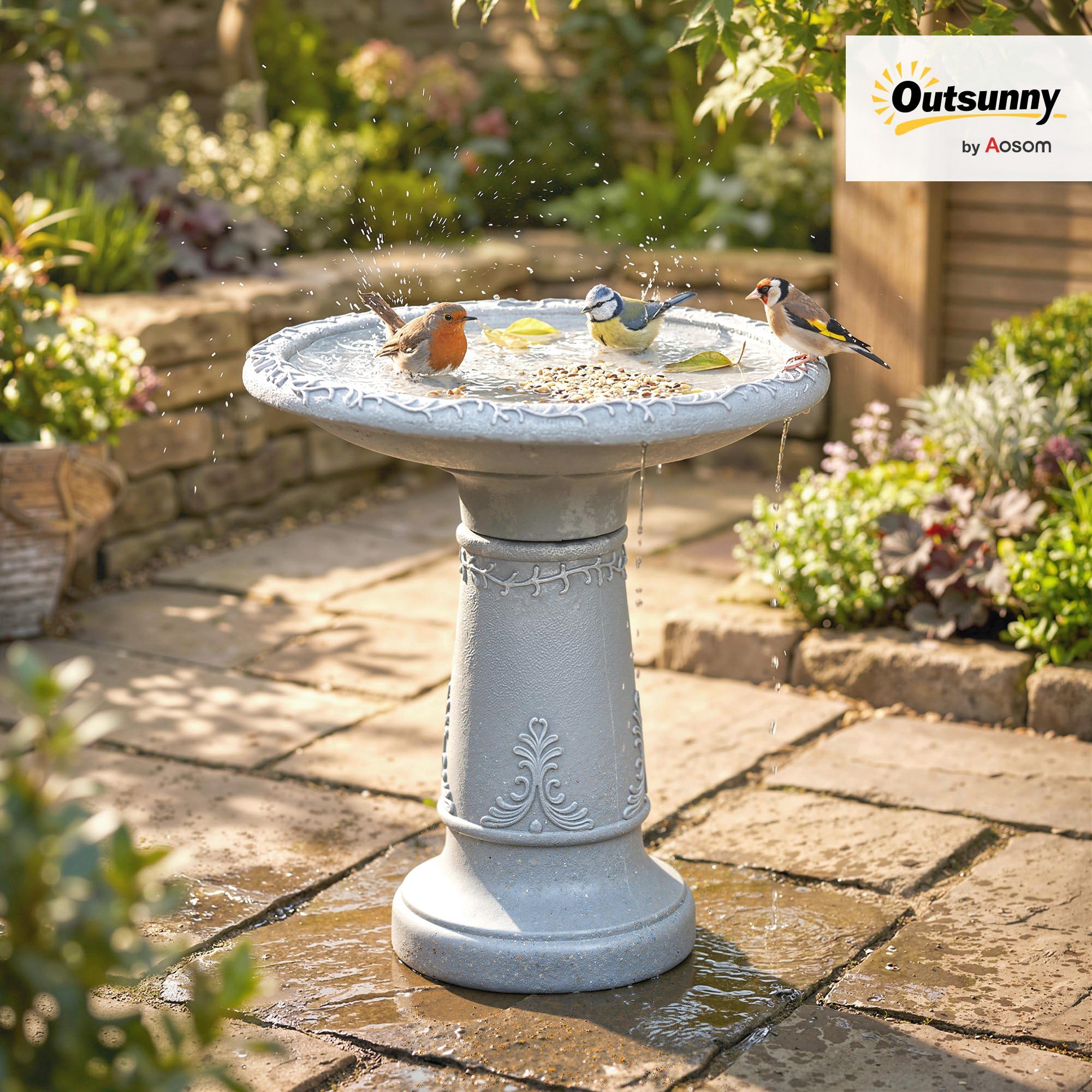 Outsunny Vogeltränke Stehend, Vogelbad aus Harz, frostsicher Vogelbecken mit Steinoptik, Winterfest Wasserstelle Wassertränke für Wildvögel, Wasserschale für Garten Terrasse 48 x 48 x 51 cm, Grau