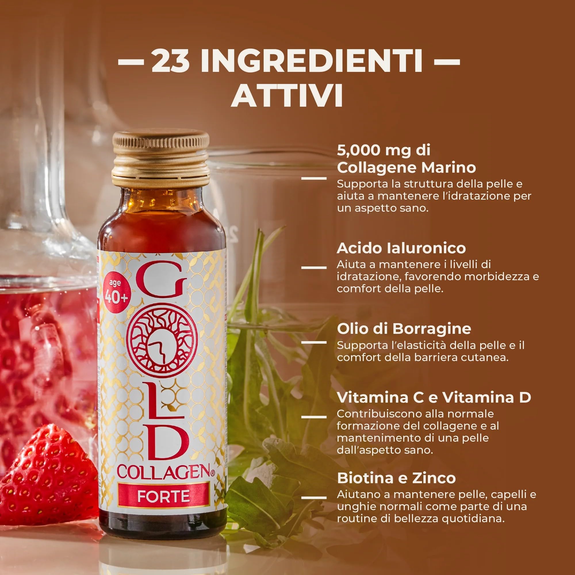 GOLD COLLAGEN Forte - Collagene Integratore Antirughe Antiossidante con Biotina Crescita Capelli, Pelle Unghie e Sistema Immunitario, Vitamina C, Collagene Marino con Acido Ialuronico, 1 Pack 10x50 ml