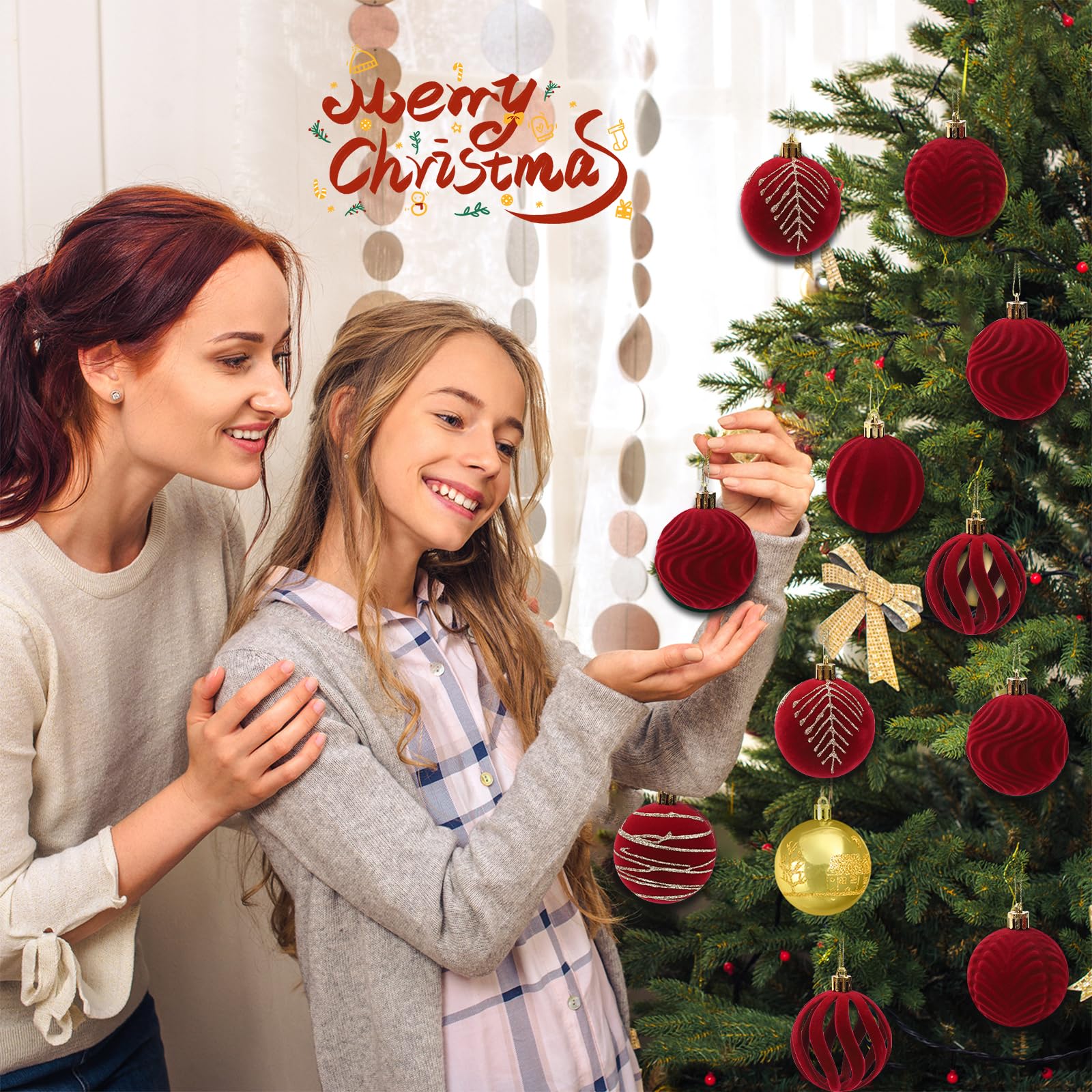 Palline di Natale in velluto, 30 pezzi, 6 cm, decorazioni per albero, set di palline floccate da appendere per vacanze, matrimoni, feste di compleanno (rosso)