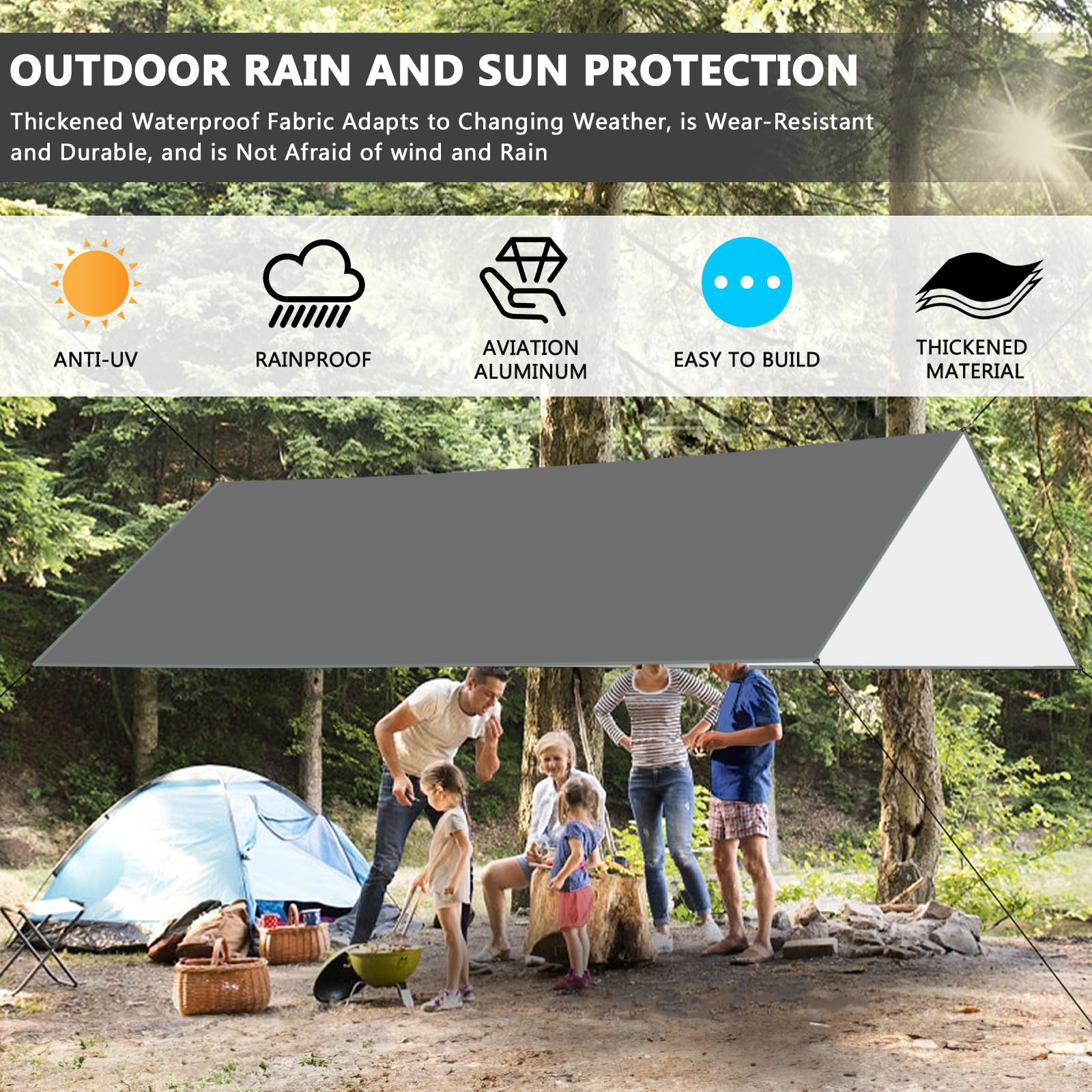 3x3M Camping Bâche, Tarp Bivouac Anti UV, Ripstop, Kit de Bâche Imperméable avec Oeillets, 6 Piquets en alu, 6 Cordes, pour Bivouac, Randonnée, Trekking, Hamac, Auvent Van Fourgon, Extérieur