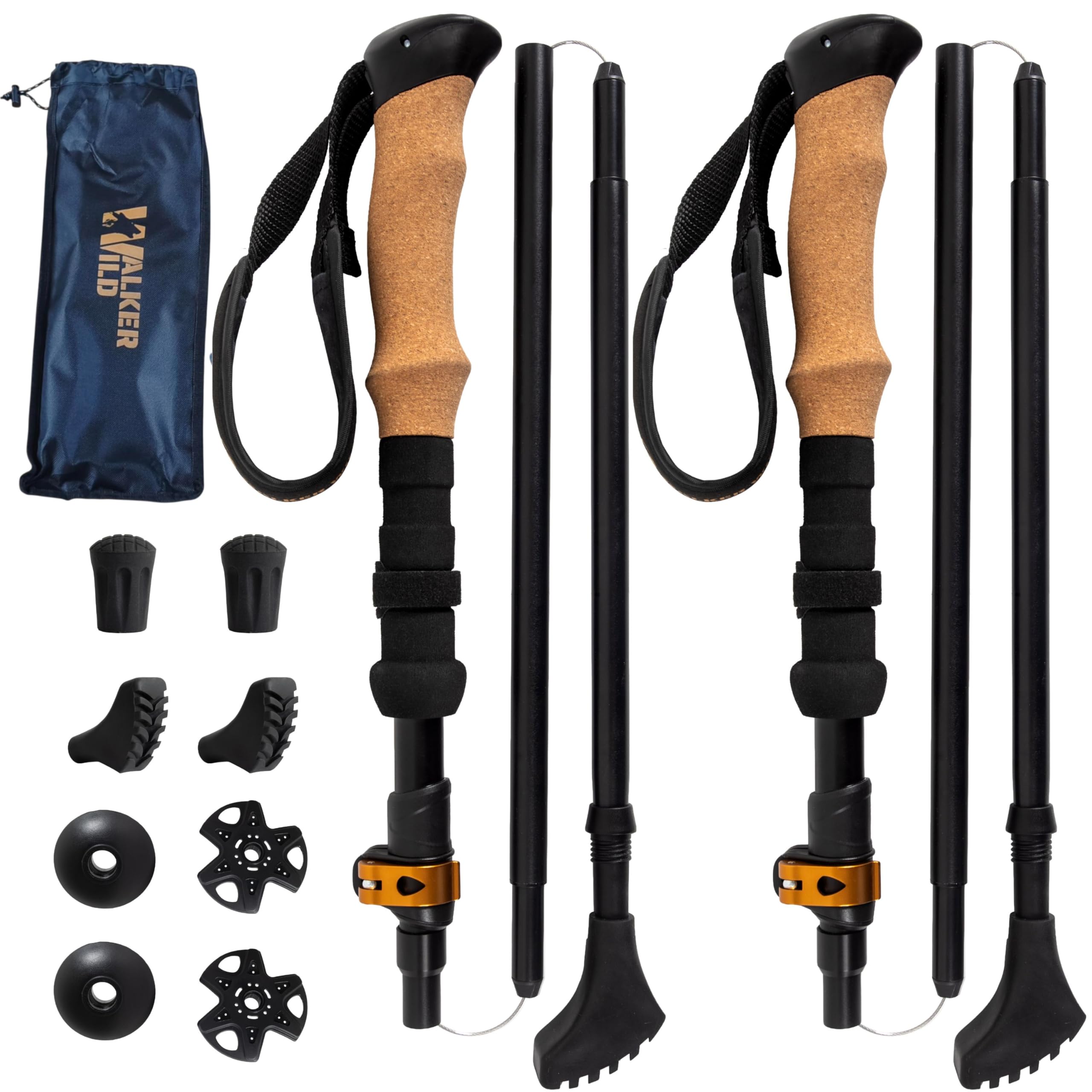 Bâtons de Randonnée Pliables Aluminium 7075 Lot de 2 | 115-135 cm, poignées EVA/liège, format 35 cm, pointes carbure