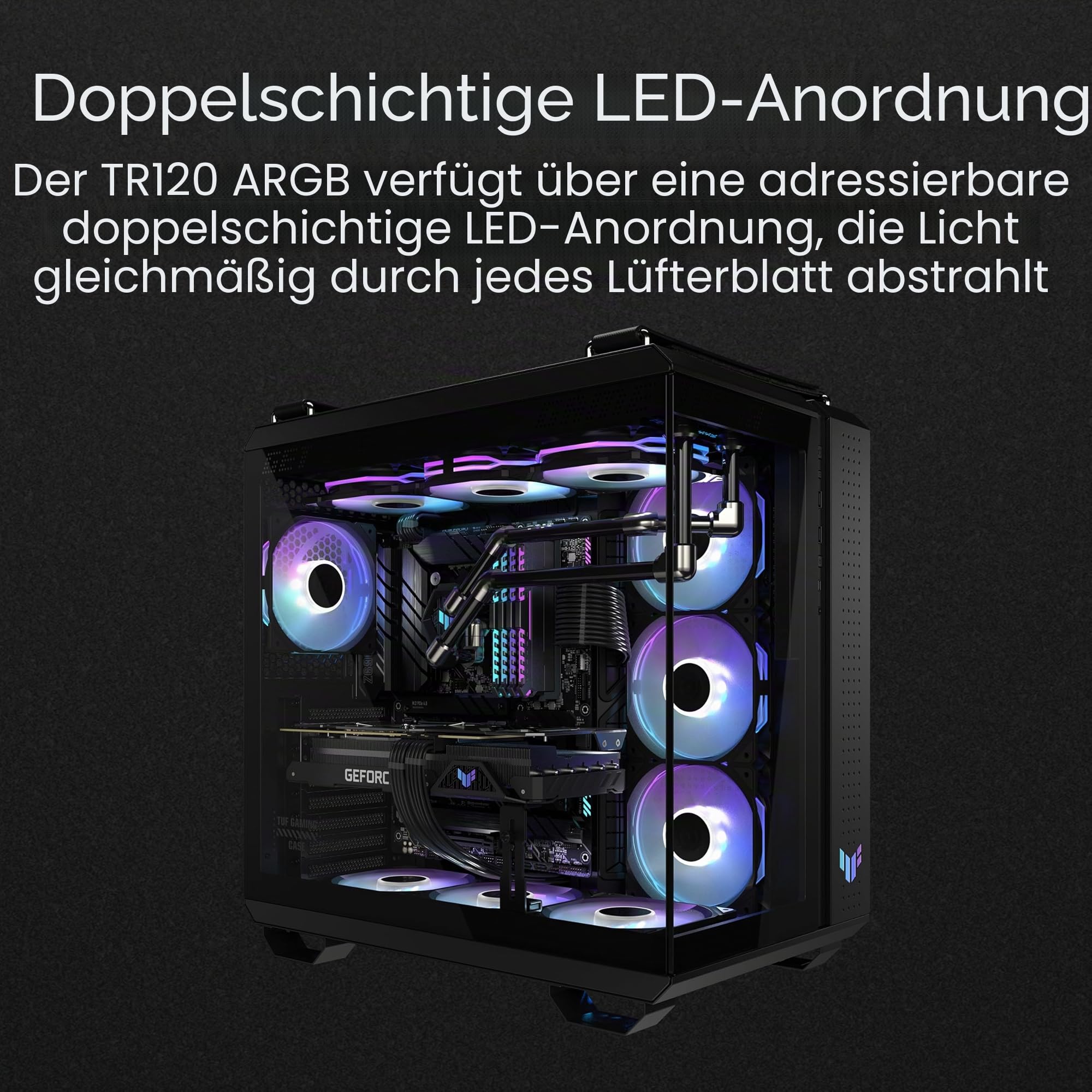 ASUS TUF Gaming TR120 ARGB Reverse Blade Black 3IN1 Gehäuselüfter 3er Pack (120mm PWM PC Lüfter, 2000 rpm, 2.75 mm H2O, 76,3 CFM Luftstrom, 16 einzeln adressierbare RGB-LEDs, schwarz)