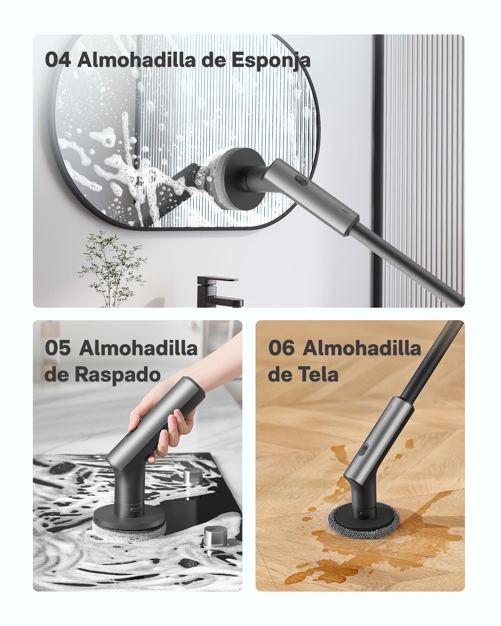 HOTO Cepillo Electrico Limpieza Hogar, Cepillo Limpieza Electrico con 6 Cepillos Reemplazables, 2 Velocidades, Mango Ajustable 90-120CM, IPX7 Resistente al Agua, para Baño, Cocina, Coche, Tina