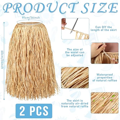 Miniatura 2 de Giegxin Faldas de hierba de rafia natural, falda tropical Luau Hula para adultos, mujeres y hombres, falda hawaiana para fiesta, disfraz de playa