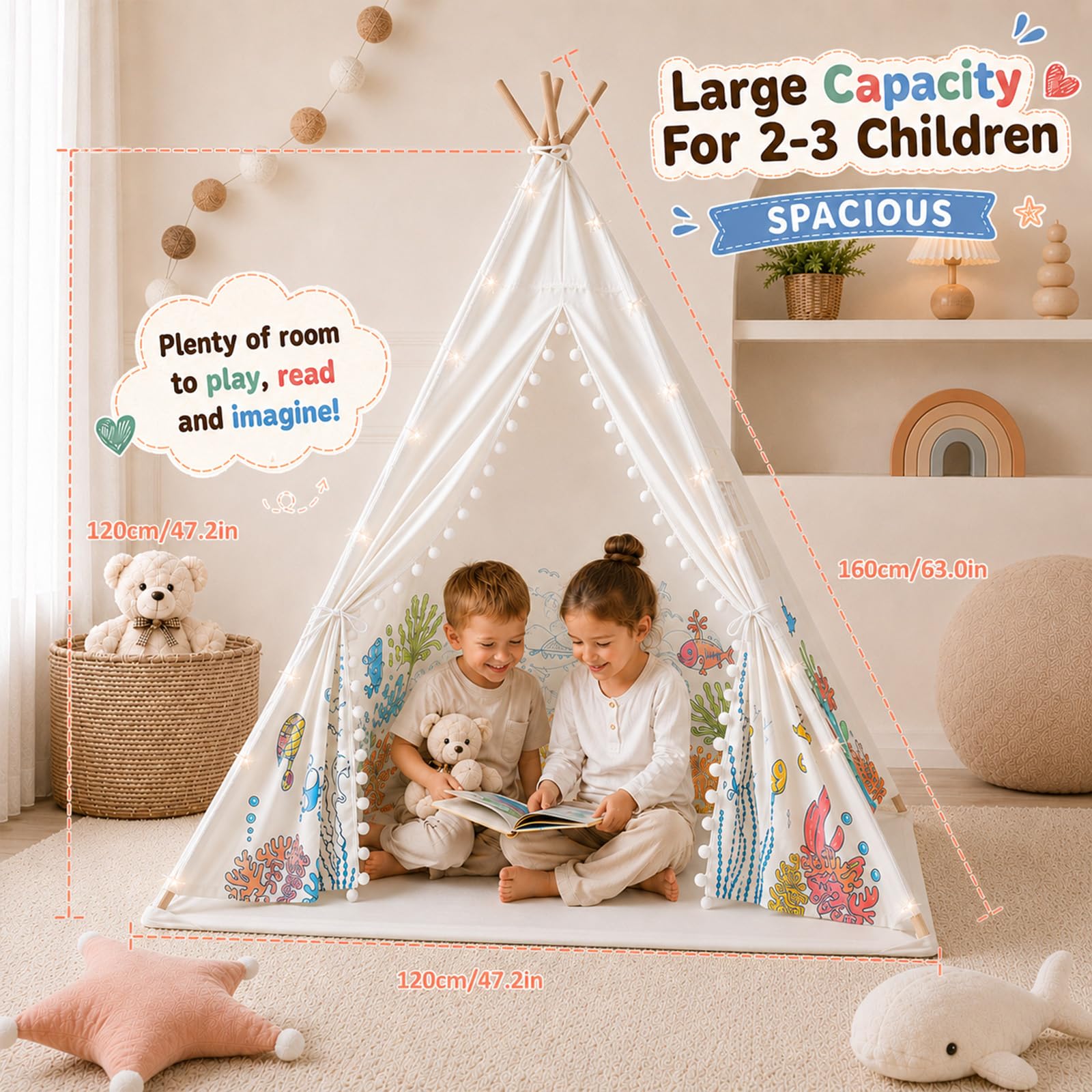 DIY Tipi Zelt für Kinder, Tippi Kinderzelt Indoor, 120x140cm Segeltuch Kinder Tipi Zelt, Spielhaus Wird mit Lichterketten, Bemalung und Aufbewahrungstasche geliefert für Drinnen Oder Draußen