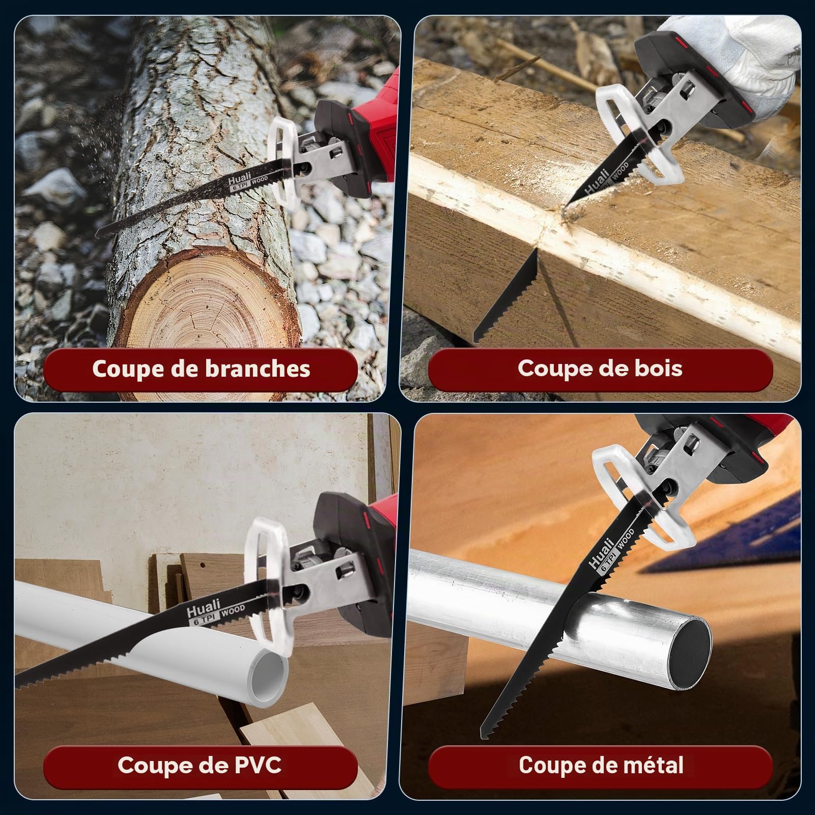 Scie sabre sans fil 21V – Moteur brushless, vitesse variable 0-4000 tr/min, 2 batteries 2.0Ah, 8 lames, éclairage LED et chargeur rapide. Idéale pour bois, métal et PVC – Couleur Rouge.