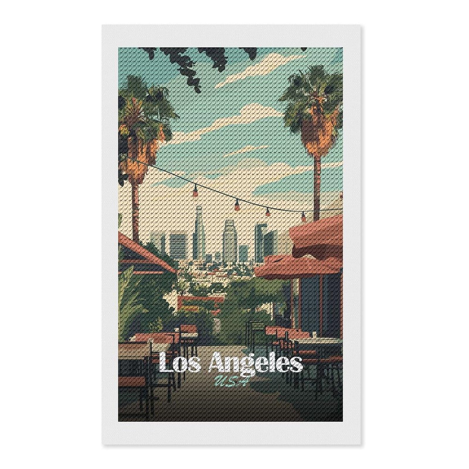 Junmoney Los Angeles Cityscape(3) Diamond Art Kit 12"x20", Neat Printed Canvas, Finish and Display, Relaxing DIY Hobby, Living Room Decor