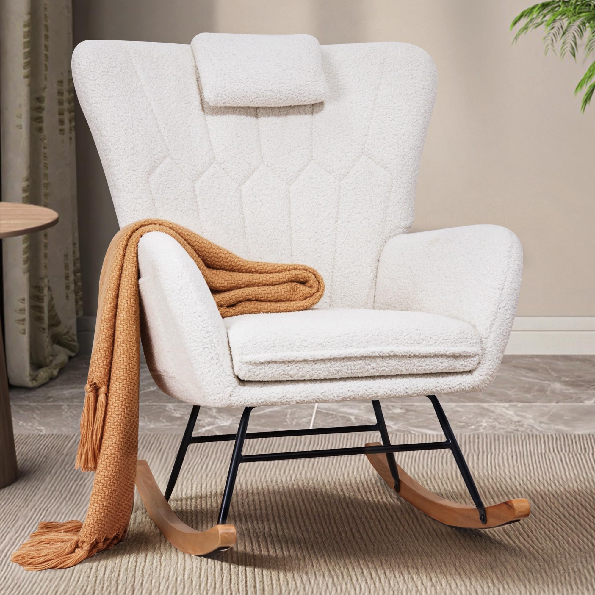 VECELO Rocking Chair Nursery with Thick Headrest, Modern Teddy Upholstered Reading Glider Rocker Accent Armchair with High Backrest, Padded Seat, Side Pocket, for LivingRoom, Baby Room, Soft Pink
