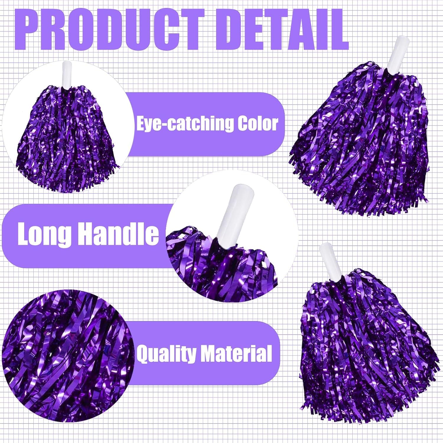 Wanna Party Cheerleading Metallic Foil Pom Poms with Baton Handle for Game Sports Squads Dancing Party Football Basketball Club Spirit Sports Stage Performance Celebration- Purple-1 Pc 1