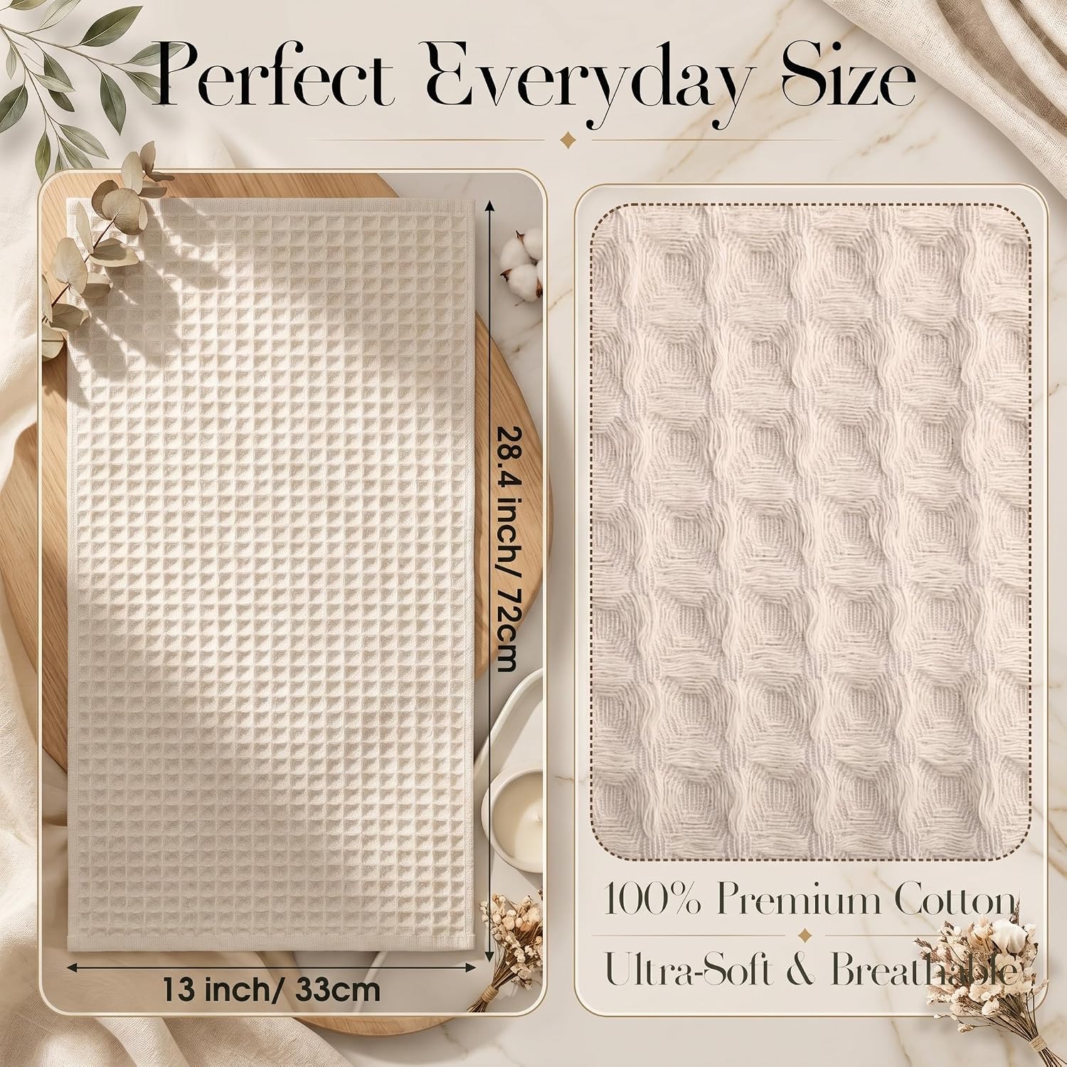 Flutesan 6 Pcs Waffle Weave Hand Towels for Bathroom 100% Cotton Beige Cute Absorbent Hand Towel Quick Dry Soft Waffle Dish Towels Boho Bath Decorative Gift for Kitchen Farmhouse Decor