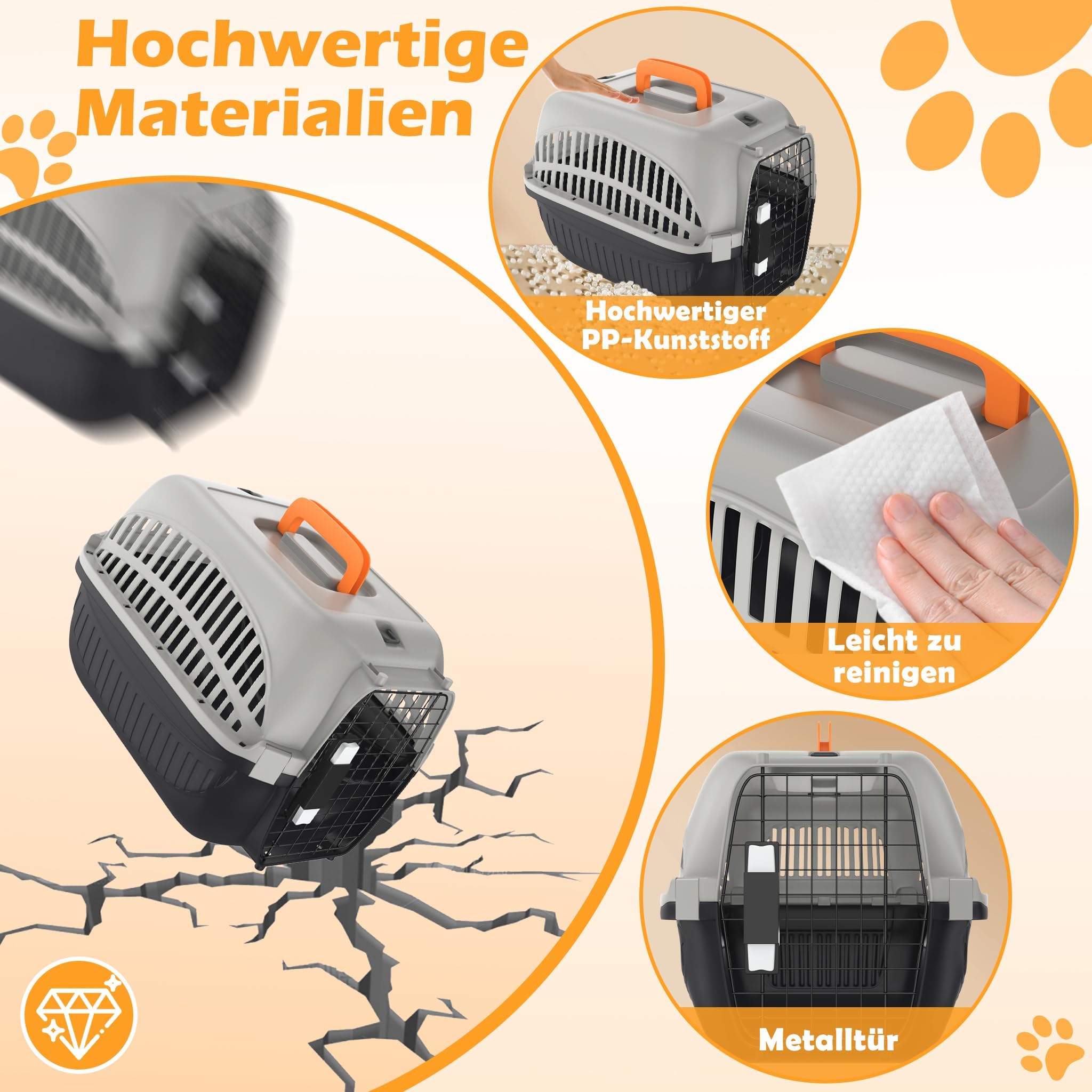 UISEBRT Katzentransportbox, Transportbox Katze mit Metalltür Vorne Tiertransportbox,Transportbox Hund für Kleine Haustiere/Katzen/Hunde/Kaninchen bis 10 kg, Grau+Schwarz