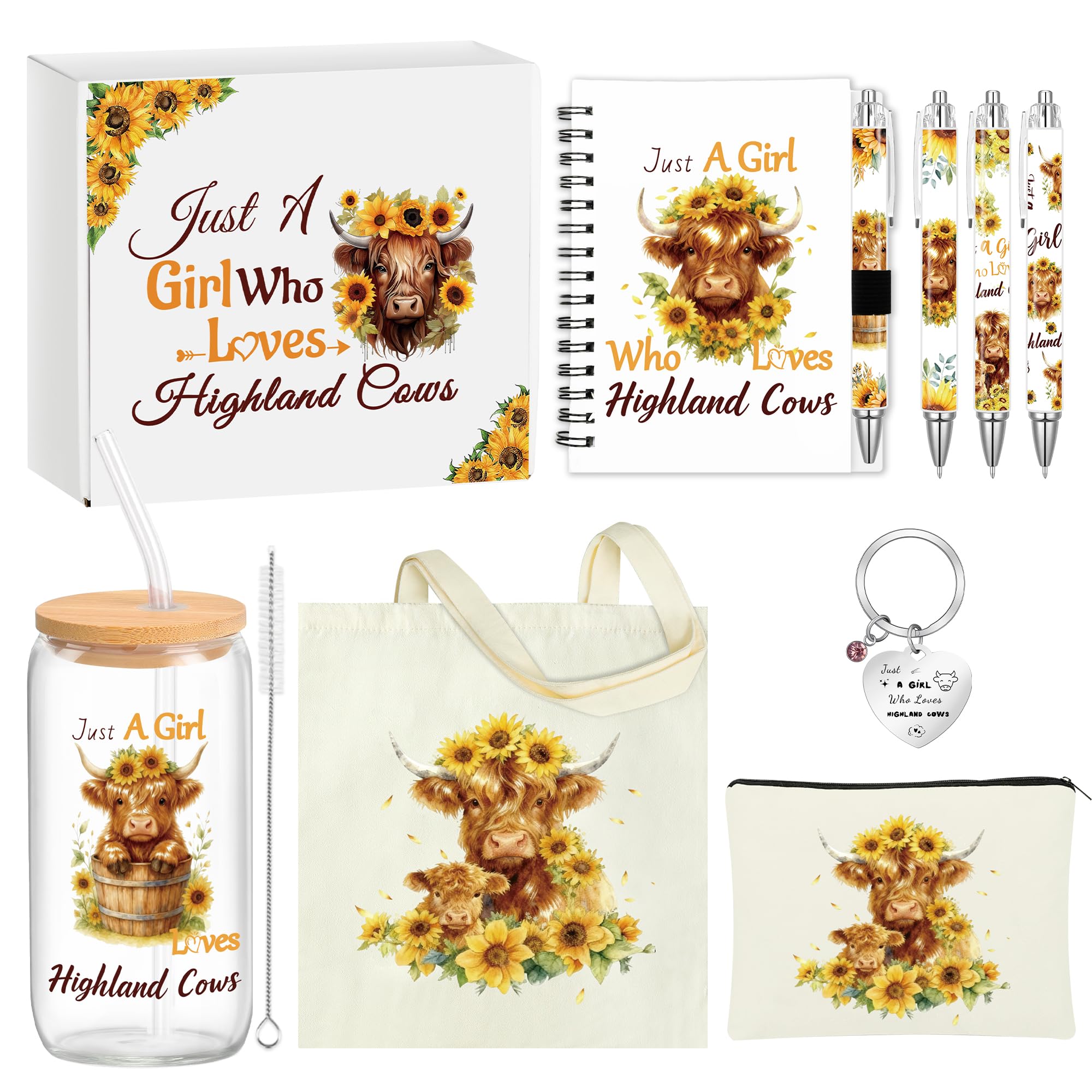 Highland Cows Gifts Set for Women, 9 Pcs Sunflower Highland Cow Themed Stuff Set for Highlands Cow Lover Birthday Gifts, Christmas Birthday Graduation Party Gift for Cows Lovers, Teachers, Friends — image 1