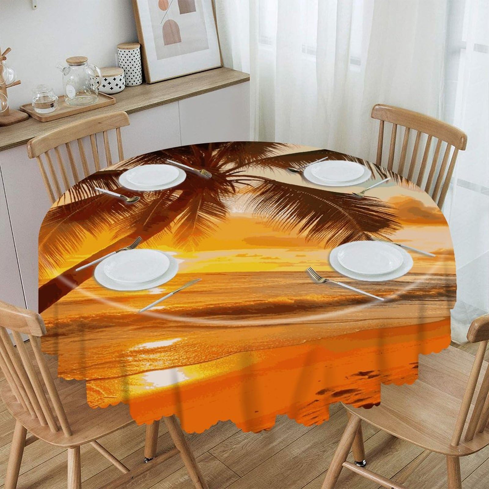 VstaDank Tropical Beach Palm Tree Sunset Round Tablecloth 60 Inch Easy to Clean Circle Table Cover Thick Decorative Round Polyester Table Cloth for Dining Kitchen Party Farmhouse Outdoor