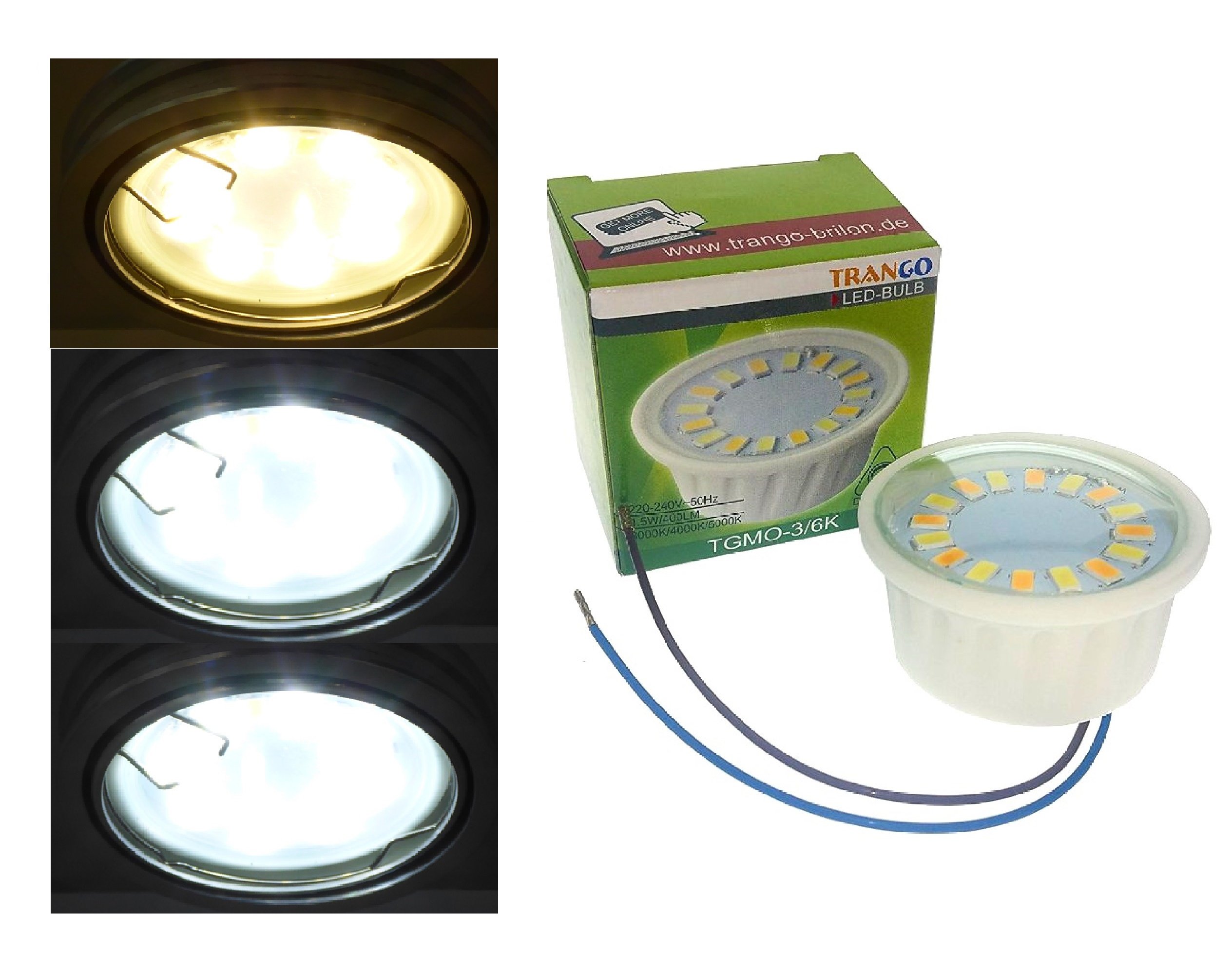 Trango 6er Pack 6729S-06M36K Einbaustrahler aus Glas handgschliffen inkl. 6x Farbtemperatur steuerbar LED Modul 3000K/4000K/6000K LED Modul nur 3cm Einbautiefe Bad Dusche