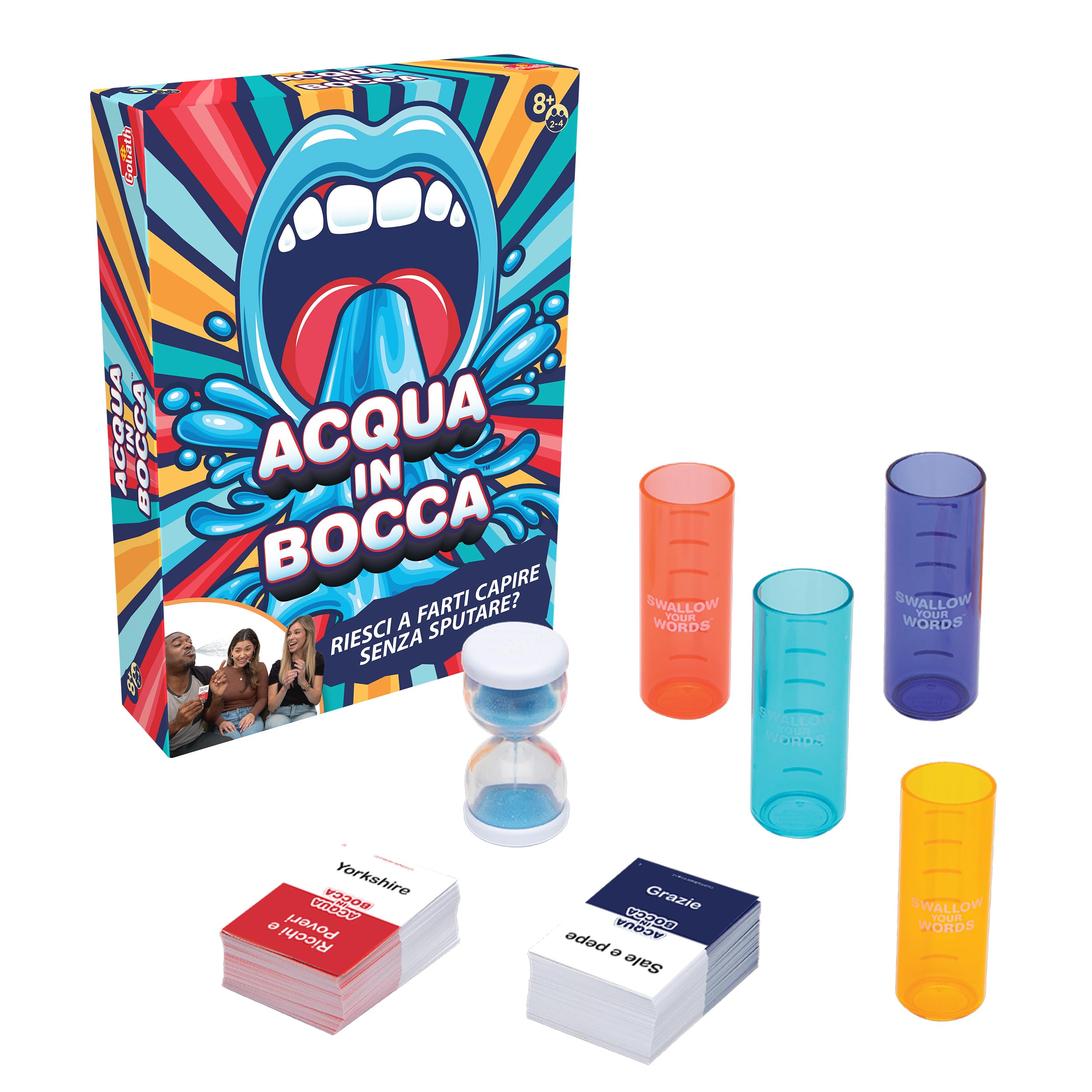 Goliath - ACQUA IN BOCCA - Gioco di Società Divertente per Bambini da 8 Anni in su - Parla con l’Acqua in Bocca - Party Game Esilarante - 2-4 Giocatori - Carte, Bicchieri, Clessidra - In Italiano