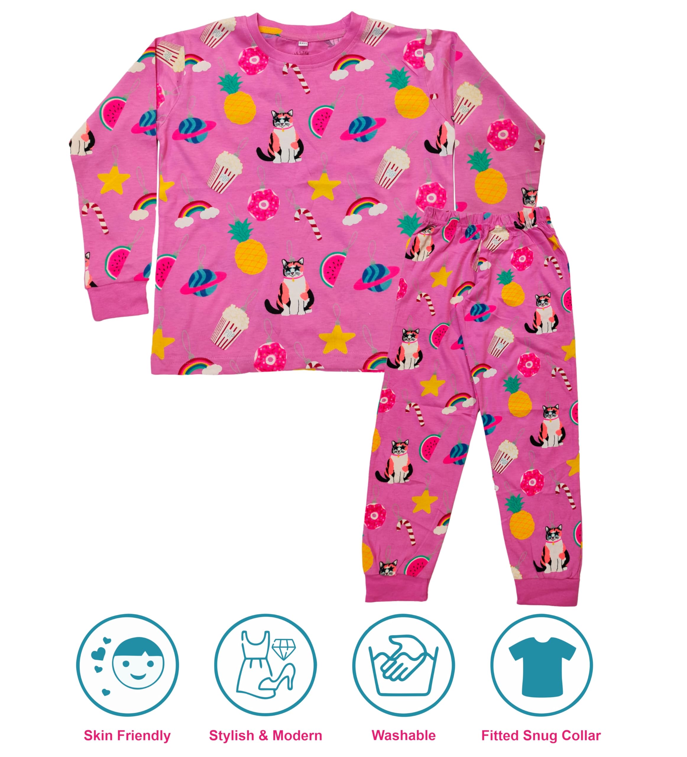 Hestia | H.NSG.N.1 |Kids Girls Nightwear |Sleepwear |Cotton |Trouser Full Sleeves Tshirt |Elastic Waist |Night Dress with Pyjama Tshirts for Girls|Cat Fruits Rainbow Printed |Pink Color 4-6Yrs |Set 1 - Image 4 thumbnail