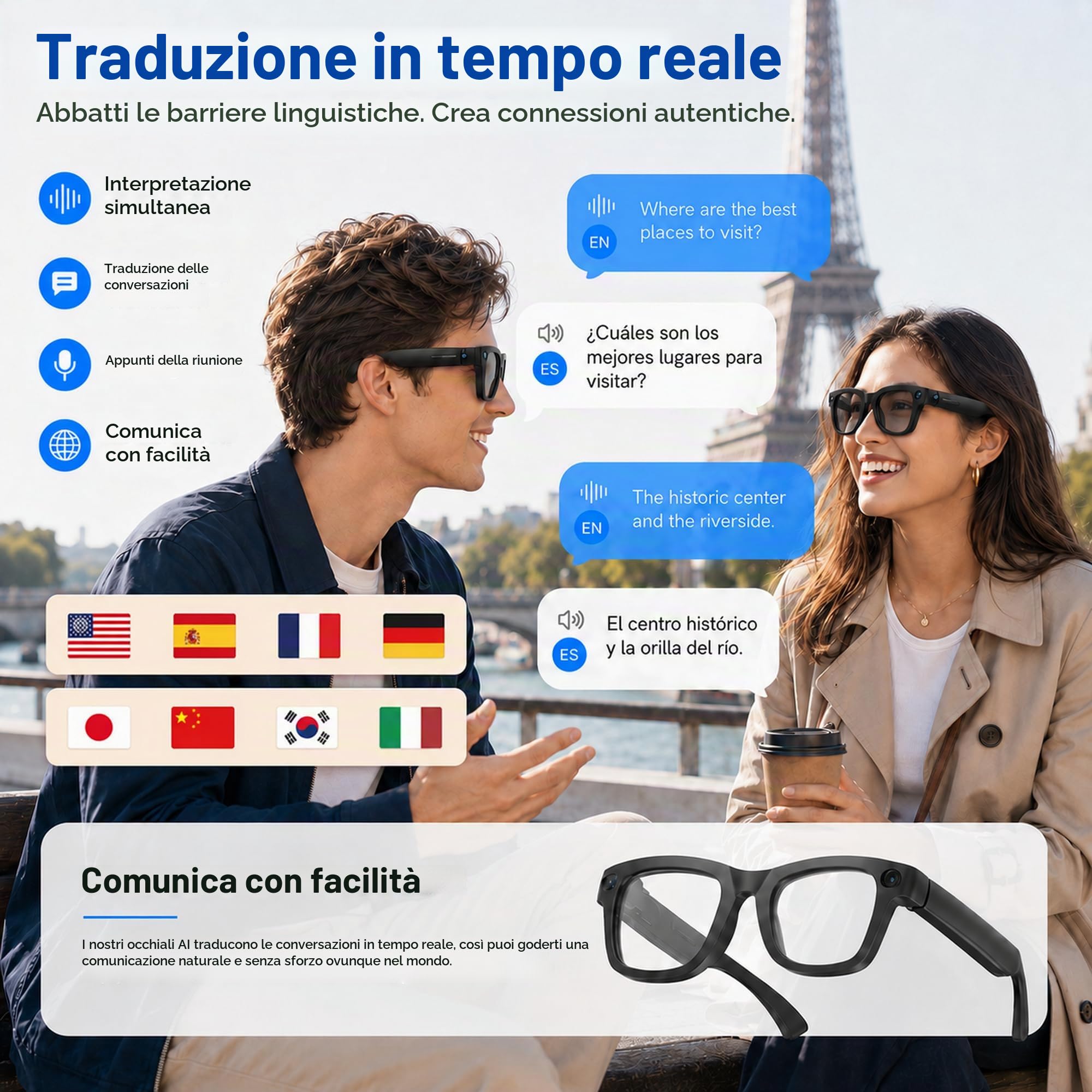 Occhiali Intelligenti con AI e Bluetooth, Occhiali con Telecamera 8 MP, WiFi, Telefono, Traduzione in Tempo Reale, Riconoscimento Degli Oggetti, Smart Glasses con Fotocamera e Video, Audio, Musica