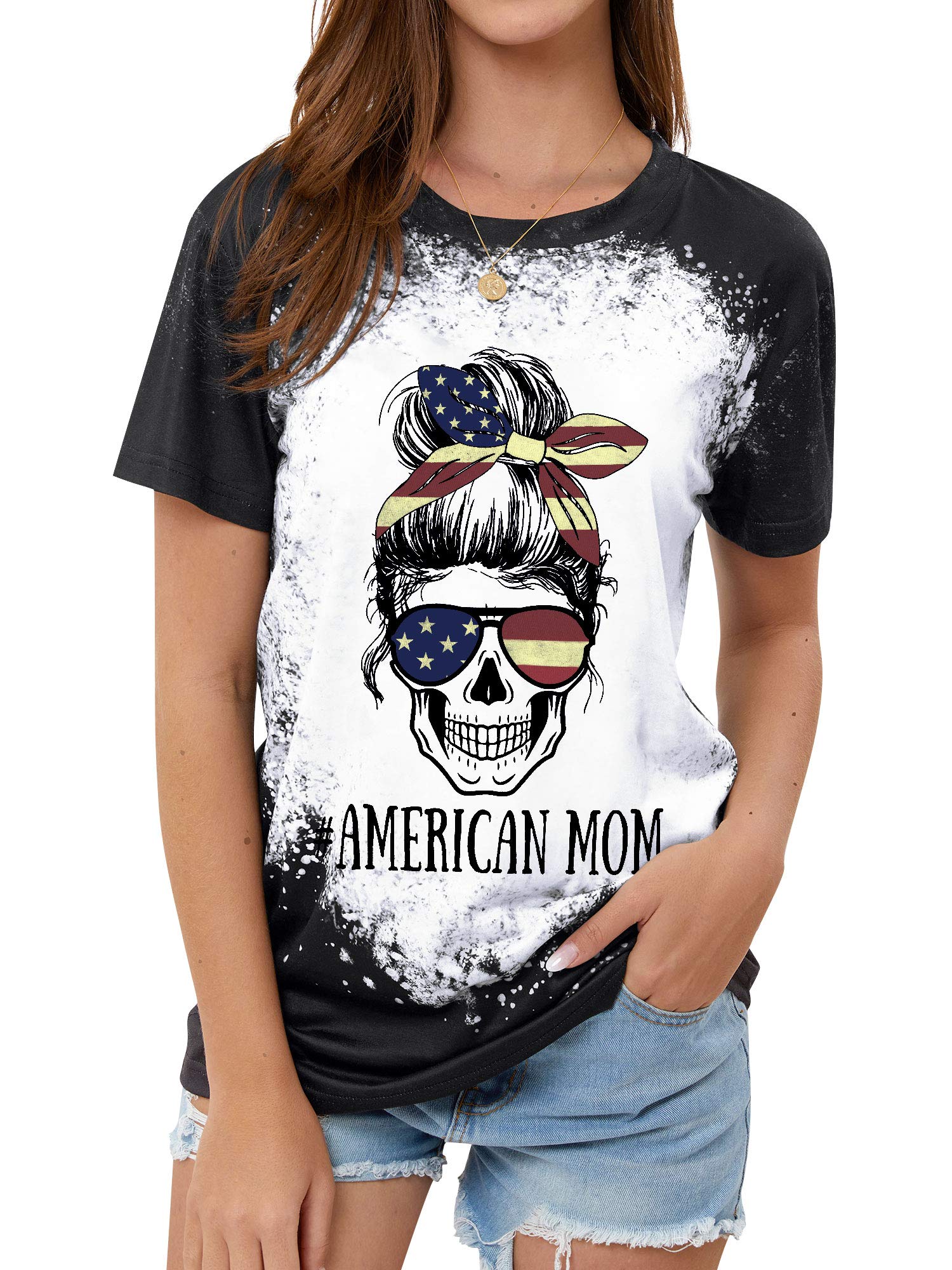 Mama Bleached Shirts for Women Vintage T Shirts Skull Messy Bun Mom Graphic Tees Tops