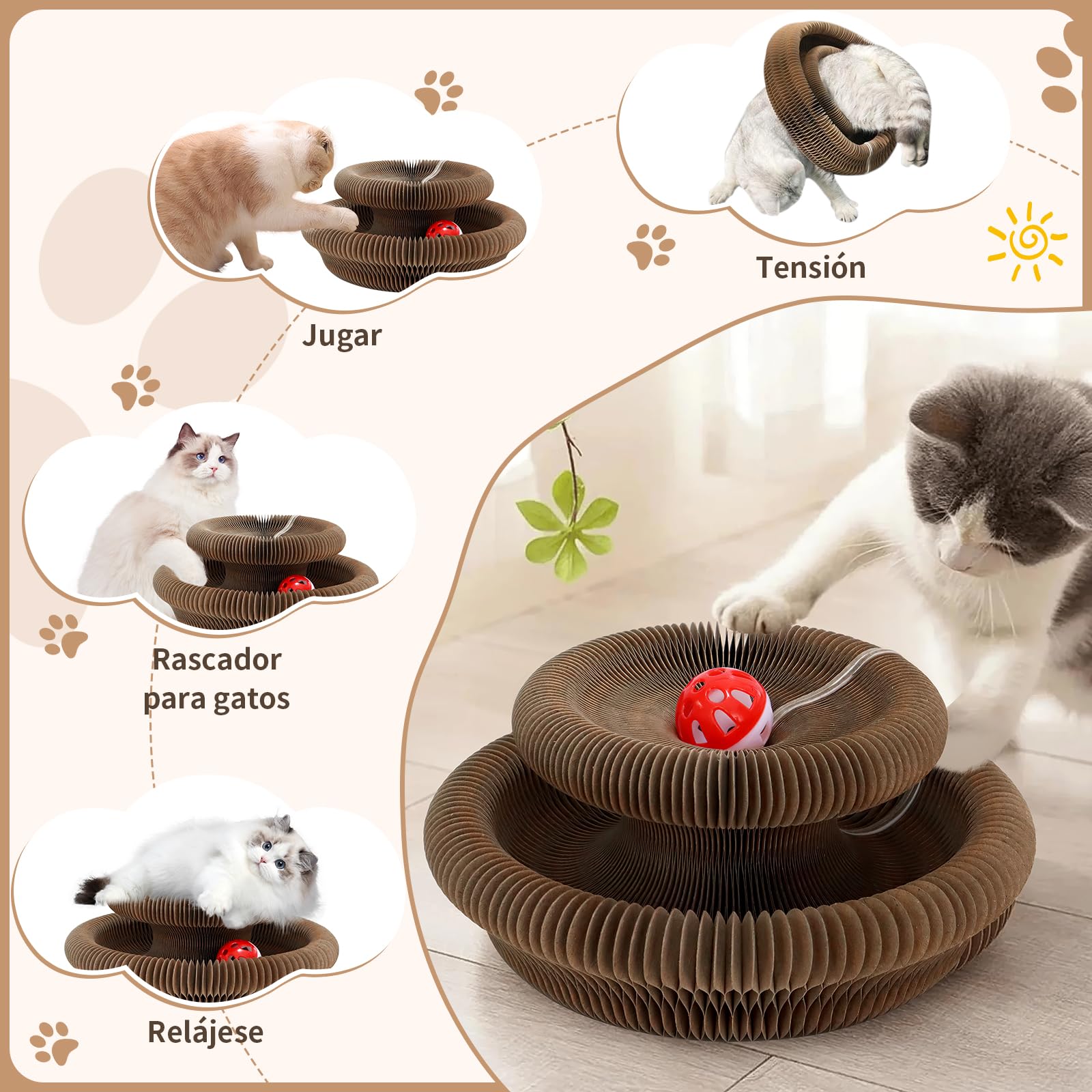 Mittimiya Rascador para Gatos Carton, 2 en 1 Magic Organ Cat Scratching Board Plegable, Cat Scratcher con Bola de Juguete, Tabla de Rascar para Gatos de Cartón Corrugado para Interiores y Exteriores