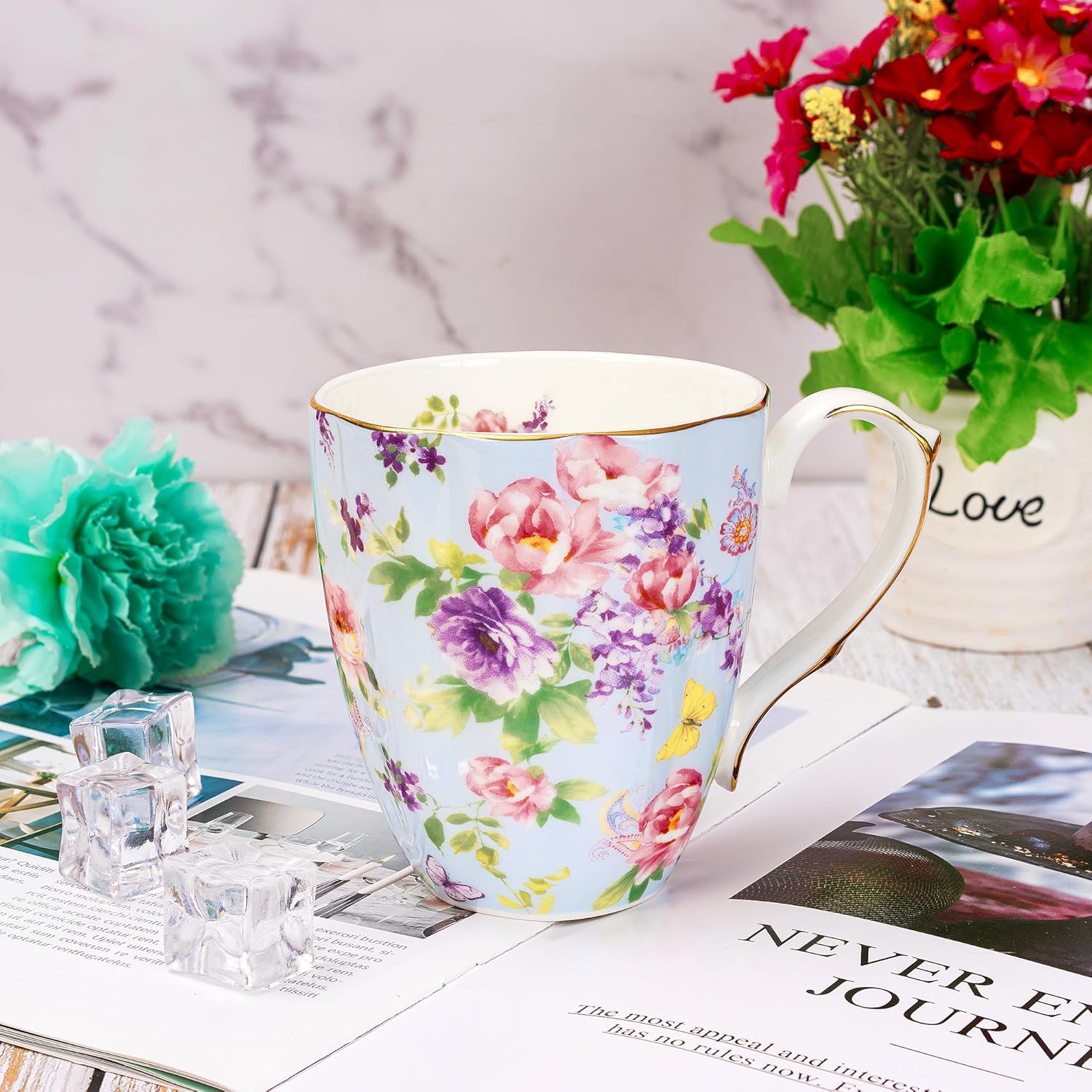 13oz Bone China Floral Mug with Gold Bone China Coffee Mugs Bone Teacup Christmas Mugs Birthday Gifts for Women Mom Friends Coworker - Image 4