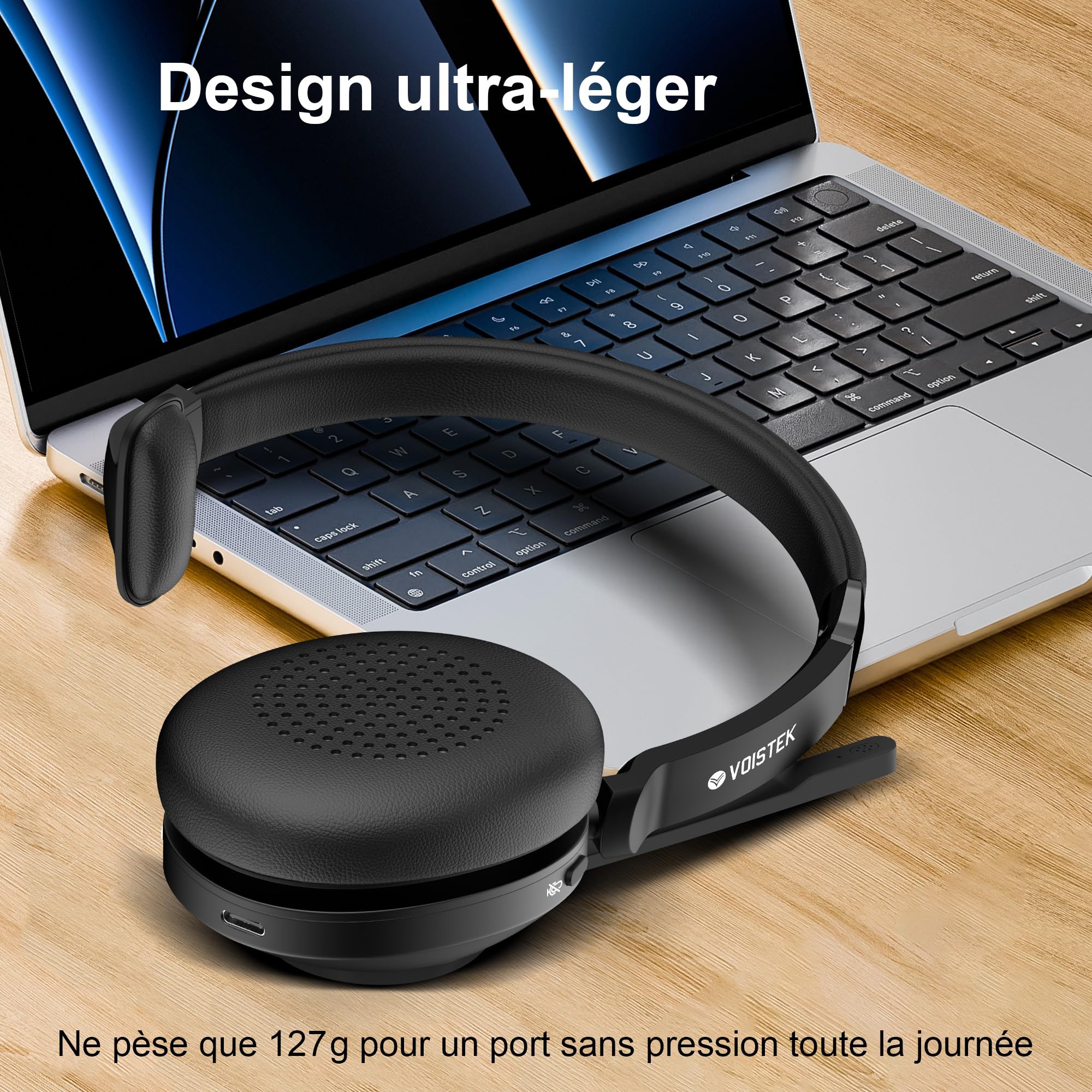 Voistek Casque Bluetooth Sans Fil avec Microphone pour PC/Ordinateur Portable, Léger on Ear, Microphone Réglable à Réduction de Bruit, Casque Audio Sans Fil pour Bureau, Télétravail, Chat, Zoom, Teams