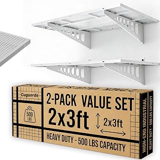 2-Pack 2x3ft Garage Shelves Wall Mounted, 500 Lbs Wall Storage Shelves, Deep Metal Organizer Rack With Complete Install Kit, White