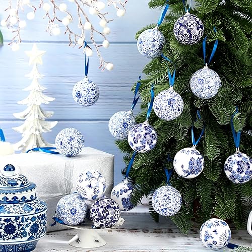 Miniatura 4 de Poen Adornos navideños de porcelana chinoiserie de 2.36 pulgadas, bolas de plástico azul y blanco, adornos decorativos colgantes de Navidad con