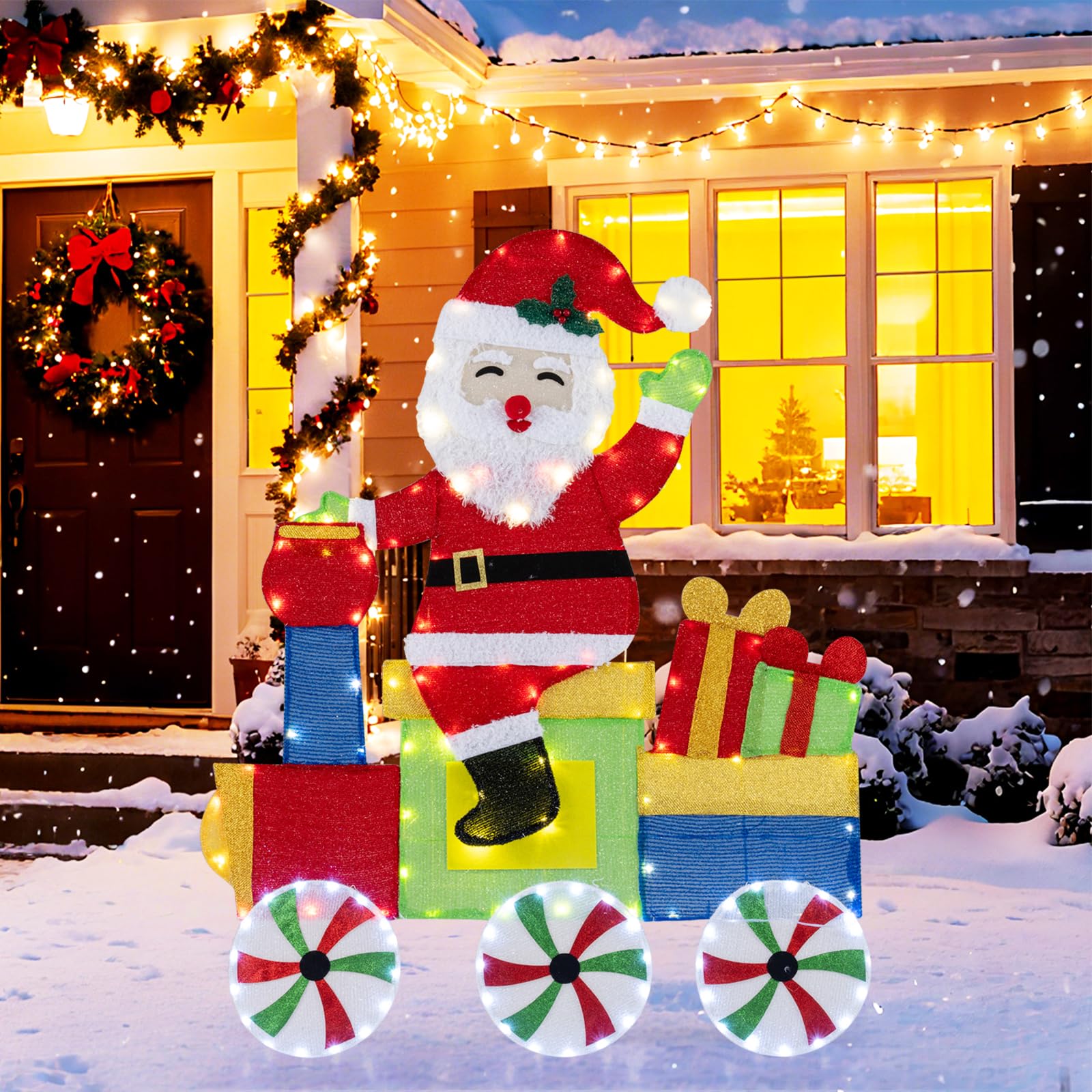 SOARS LED Weihnachtsmann 2D, Weihnachtsfigur groß 120cm im Zug, Weihnachtsdeko Outdoor mit 133 warmweißen LEDs, Weihnachtsdekoration wetterfest, Weihnachtsbeleuchtung für innen & außen