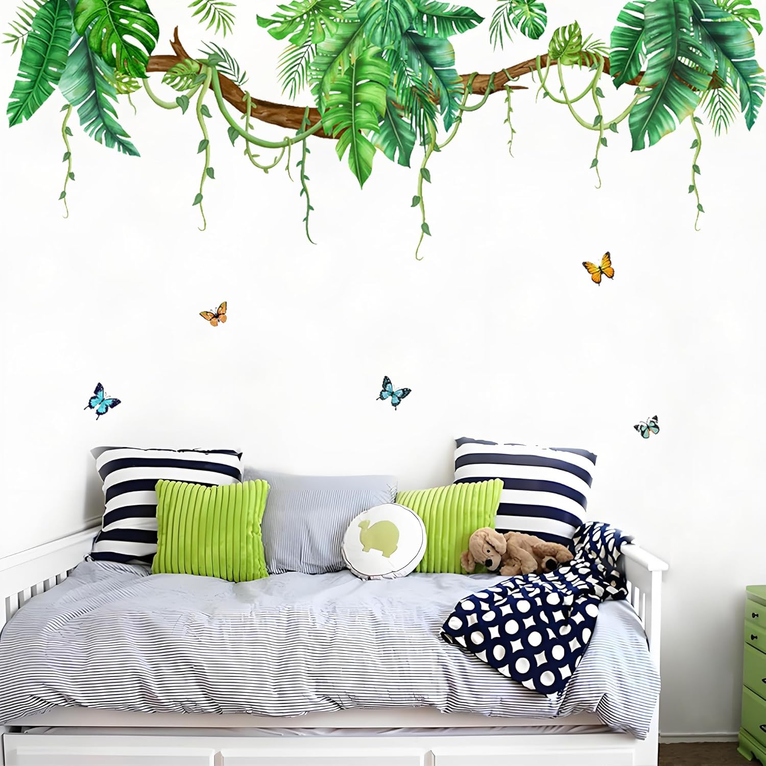 4 Pack Jungle Wall Decals Peel and Stick, Large 55x48 inches, Hanging Safari Tropical Wall Stickers for Living Room, Bedroom Decor, Realistic Green Palm Leaf with Butterfly