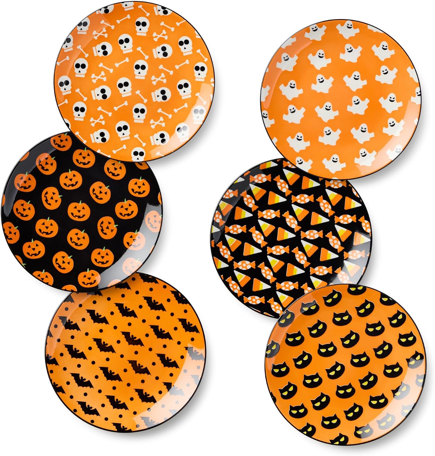 Halloween Pad Print SALAD/DESSERT PLATES, SET of 6 Assorted Designs — 8.75-inch porcelain plates in bold graphic Halloween patterns, bringing spooky-fun energy to every October gathering.