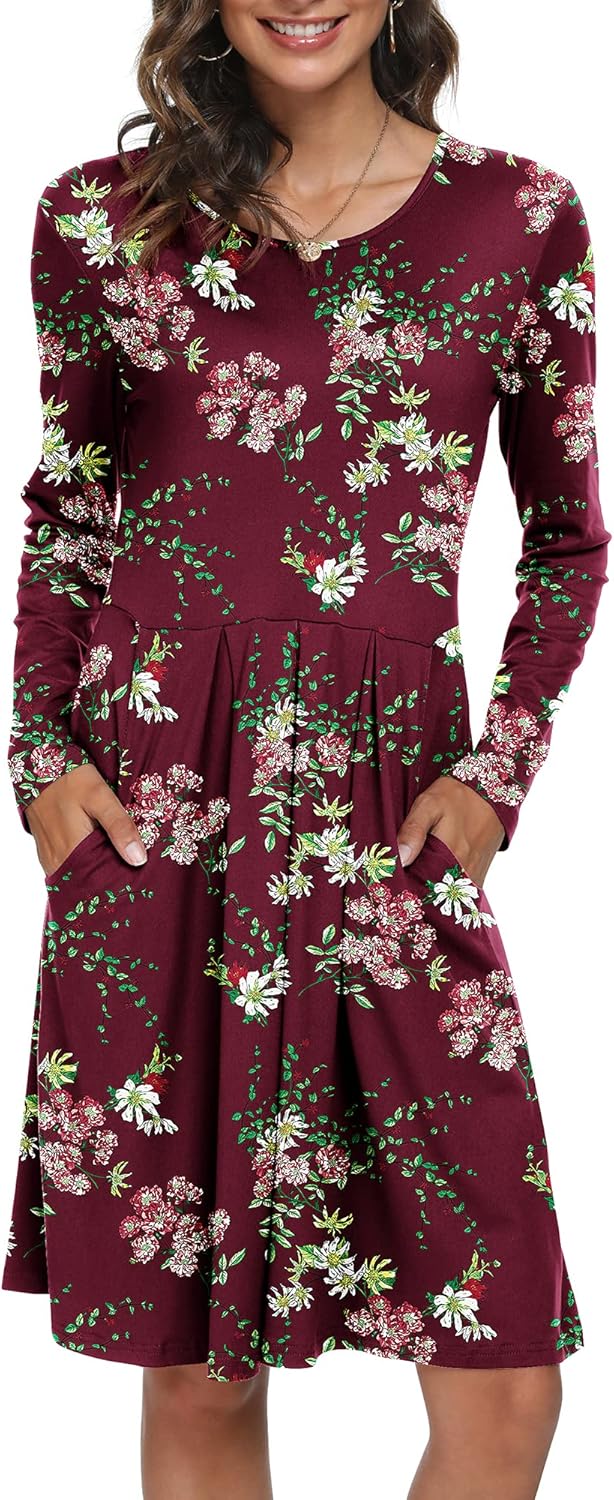 DouBCQ Women's Casual Long Sleeve Flowy Pleated Fall Dresses with Pockets