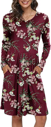 Women's Casual Long Sleeve Flowy Pleated Dress with Pockets