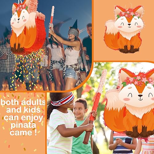 Miniatura 6 de Seematn Piñata para fiesta de cumpleaños de zorro, piñata con temática de bosque, incluye palo, venda para los ojos, confeti, suministros para