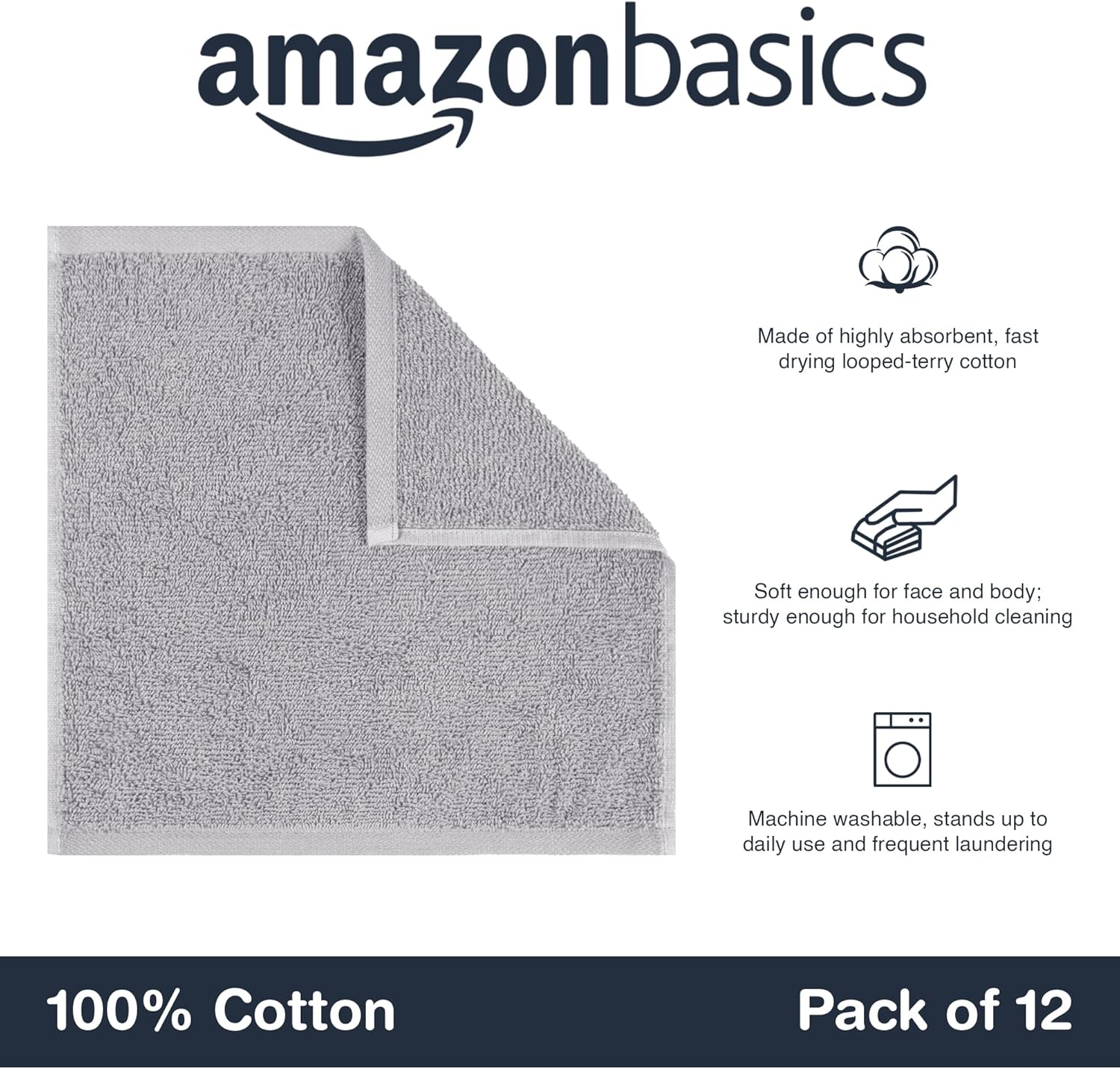 Amazon Basics Amazon Basics Waschlappen Set, 100% Baumwolle Extra Saugfähig Schnelltrocknend, 30 x 30 cm, Grau, 12er-Pack Grau 12 er-Pack in use