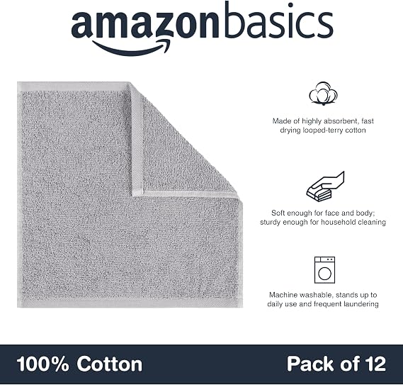 Amazon Basics 100% Cotton Absorbent Bath Towel Set 30 x 30 cm, Grey, Pack of 12