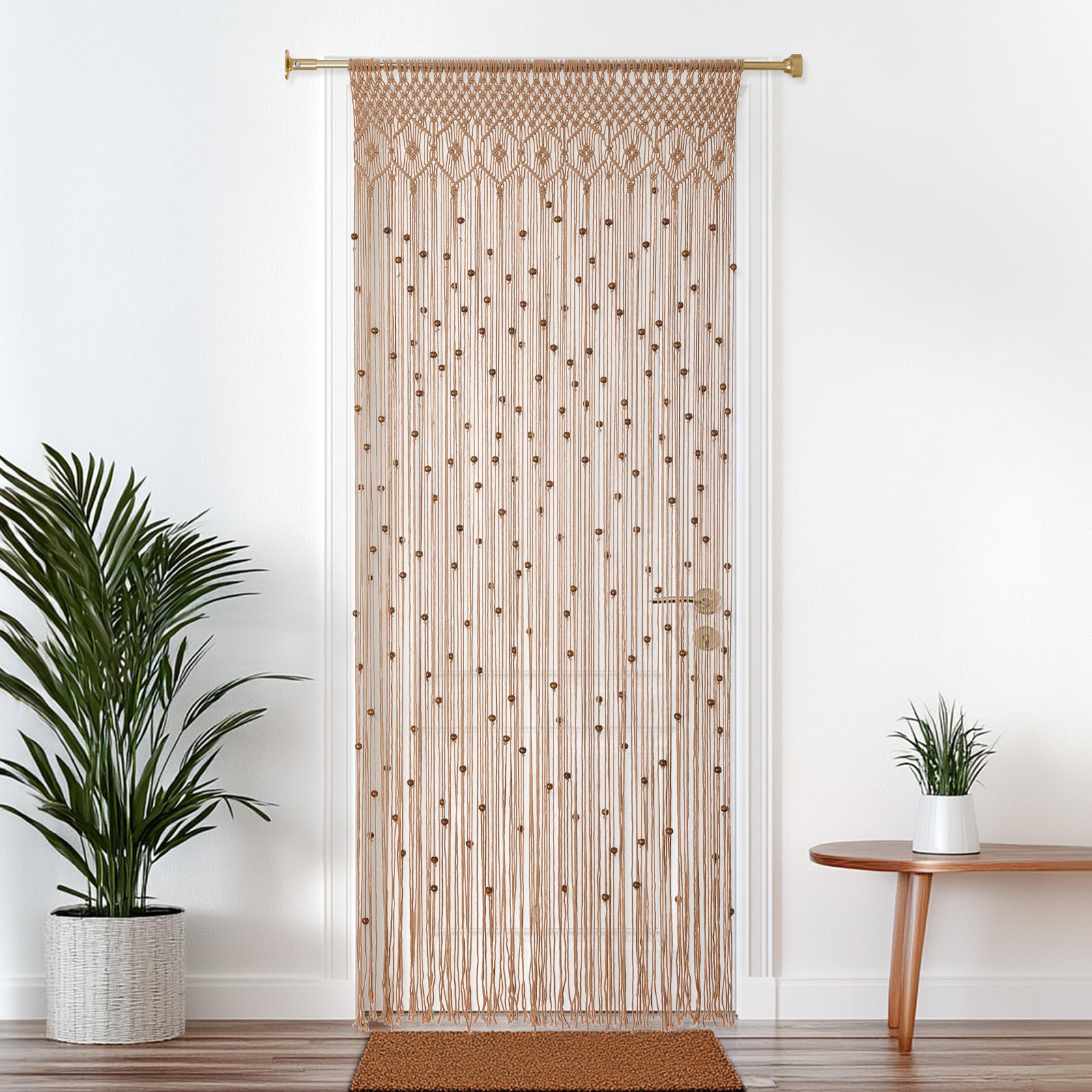 BECHAEO Rideau en macramé bohème avec perles en cordon, rideau de porte en tissu fait main avec perles en bois pour fenêtre, porte, placard ouvert, chambre, salon, décoration intimité, 200,7 cm L x