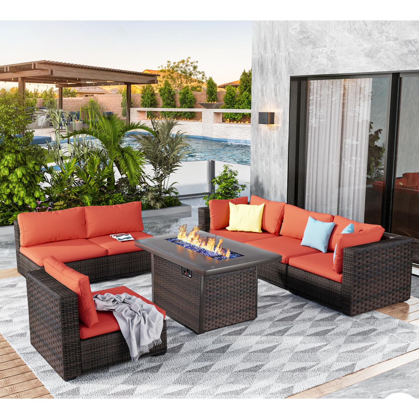 GREZJXC 7 Pieces Outdoor Sectional Patio Furniture Set with Fire Pit Table PE Rattan Wicker Patio Sectional Conversation Set with Cushions Red