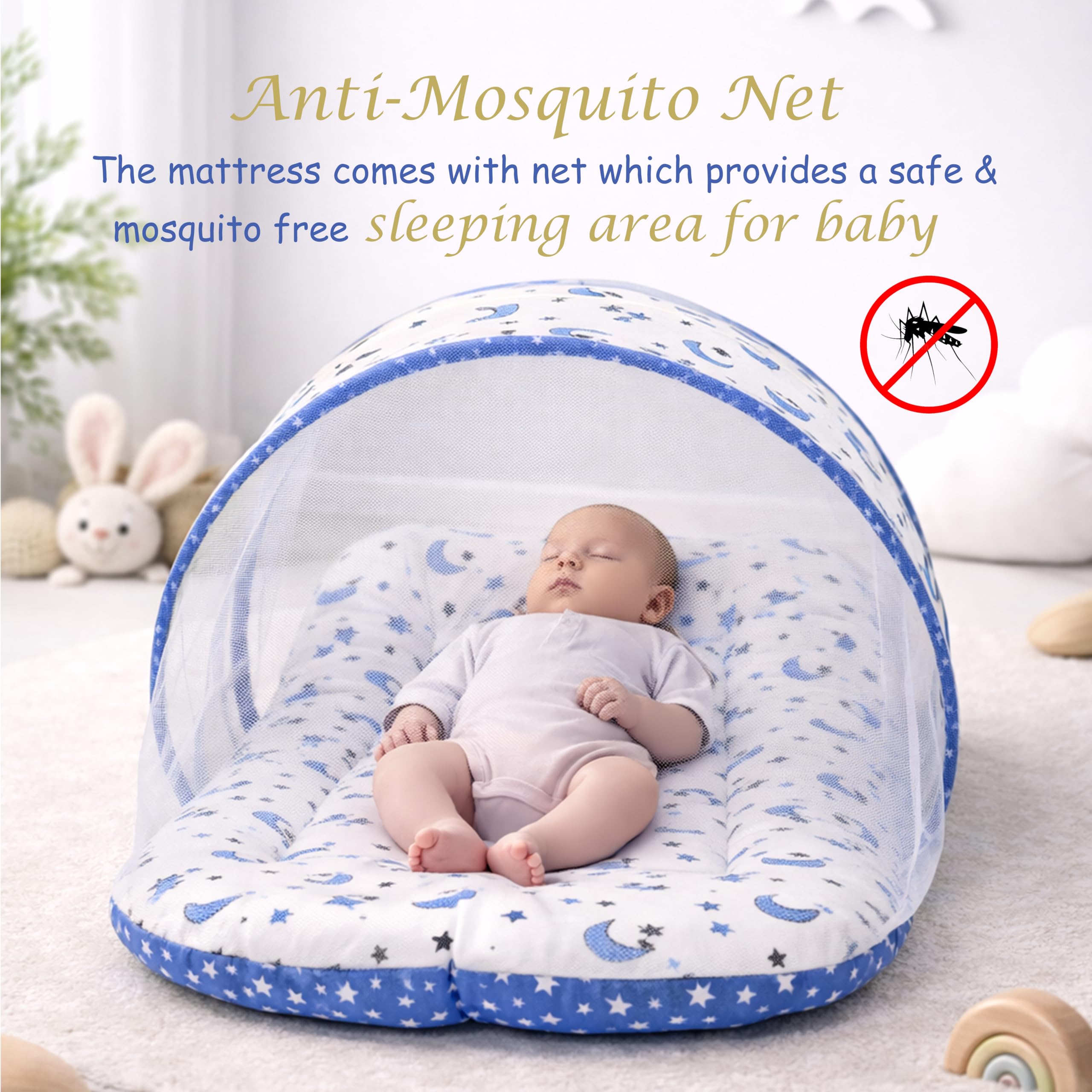 Fareto Combo of Baby Bed with Net | Carry Bag | 4 Pcs Bedding Set (0-6 Months, Baby Size, Cotton) (Blue Moon) 3