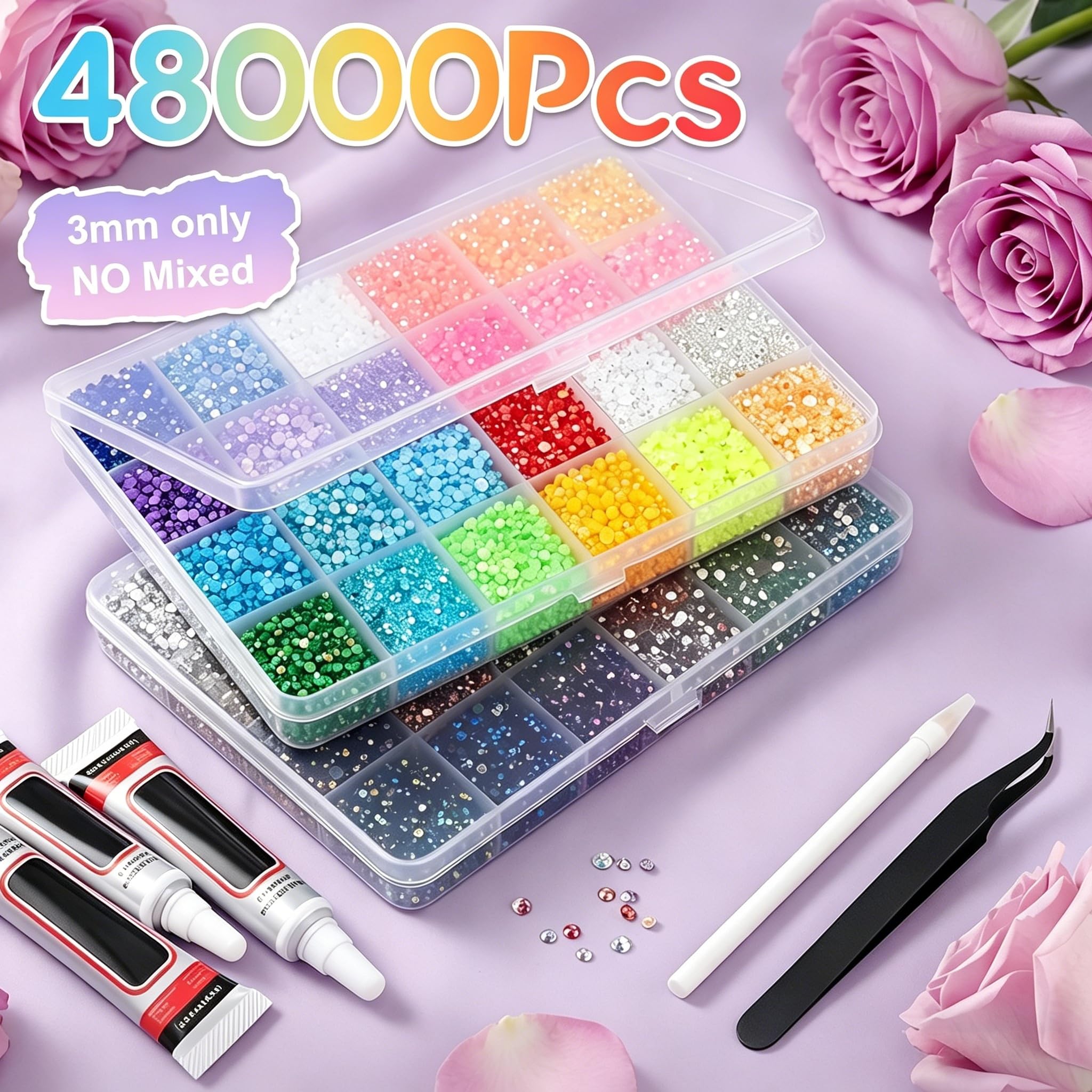 Bedazzling Kit 48 Couleurs 48000 Strass en Résine 3 mm Ronds à Dos Plat avec Pincette et Stylo Pointeur pour Travaux Manuels Tissu Nail Art