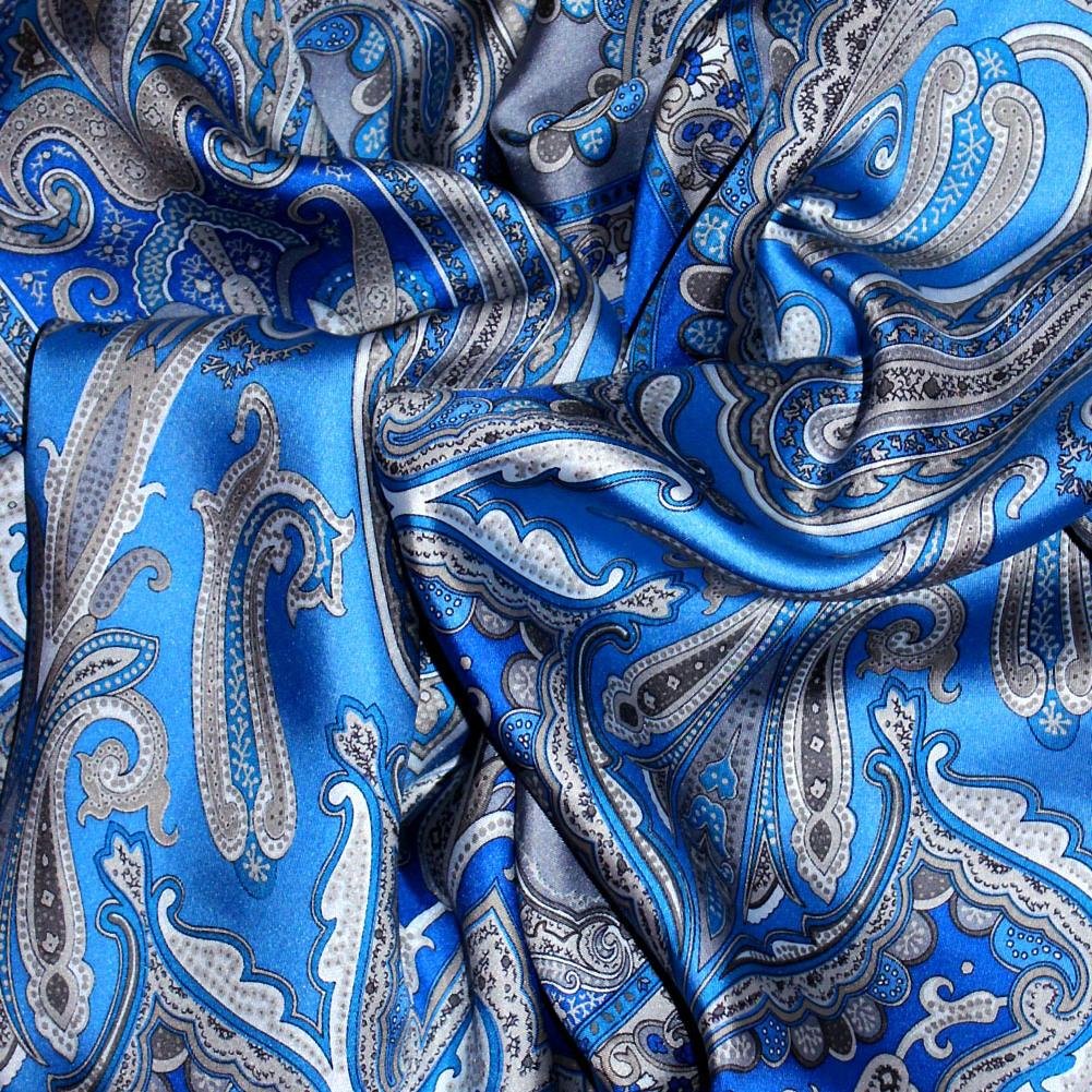 Lorenzo Cana Bufanda de seda con estampado de cachemira, bufanda de 100% seda, 50 x 165 cm, colores armoniosos, pañuelo para mujer, 890651188, Azul Medio Plata Blanco, 50 x 160 cm