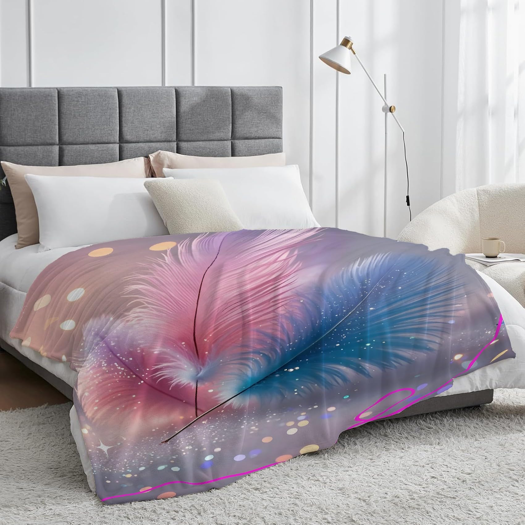 Generisch Puszysty koc z niebieskimi i różowymi piórami 220 x 240 cm, miękki i dwustronny koc polarowy w gwiazdy, idealny koc na sofę dla wszystkich, przytulny koc na sofę i łóżko SF480