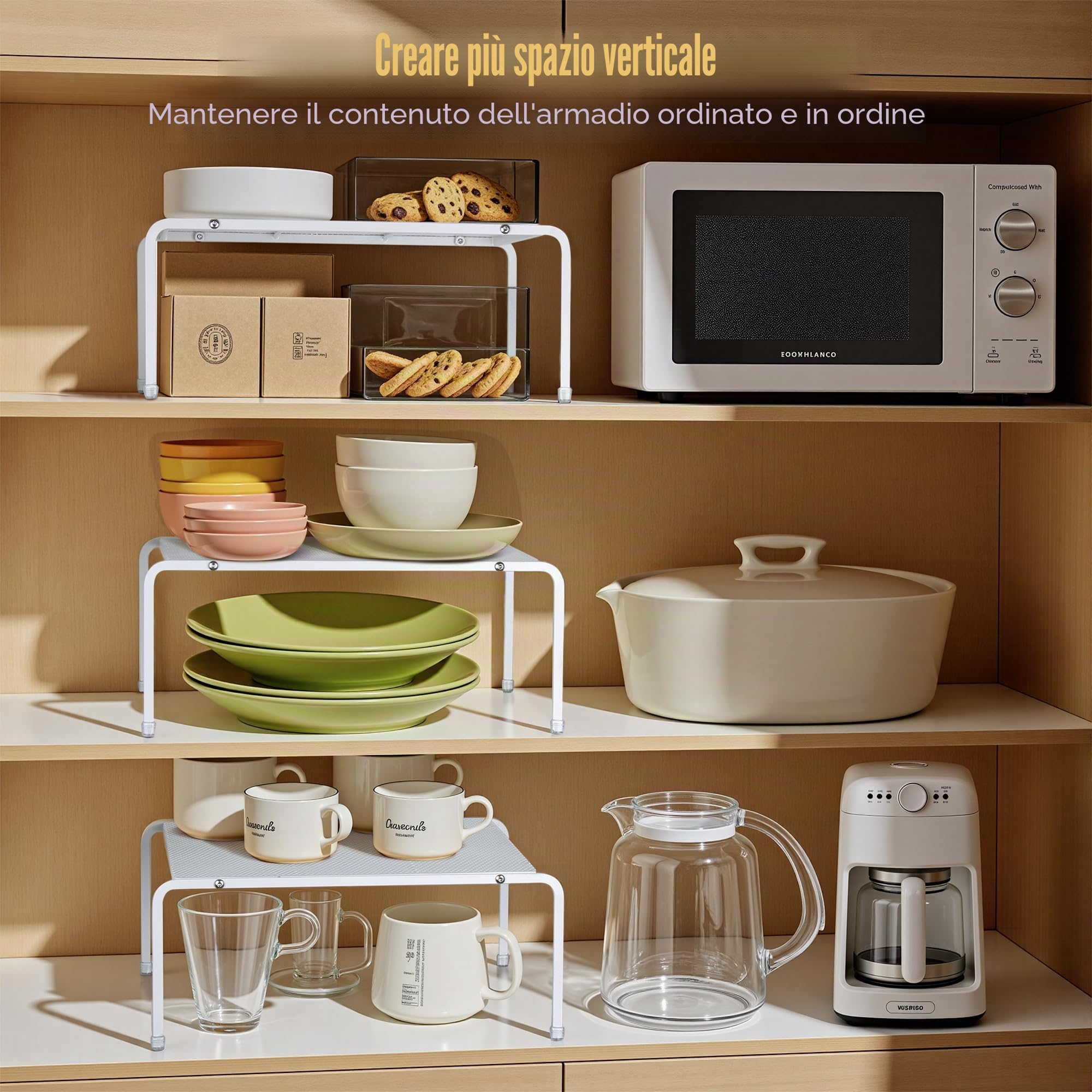 QIWODE Set di 3 organizzatori per armadio da cucina, mensola in metallo per spezie, piatti, vasetti, tazze, divisorio per cucina, dispensa, armadio, ufficio, bancone e frigorifero