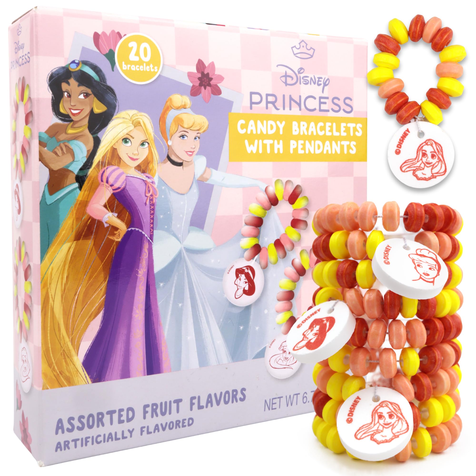 Disney Princess Candy Bracelets, Edible Jewelry with Character Charms, Individually Wrapped Party Favors, 20 Pieces Inside